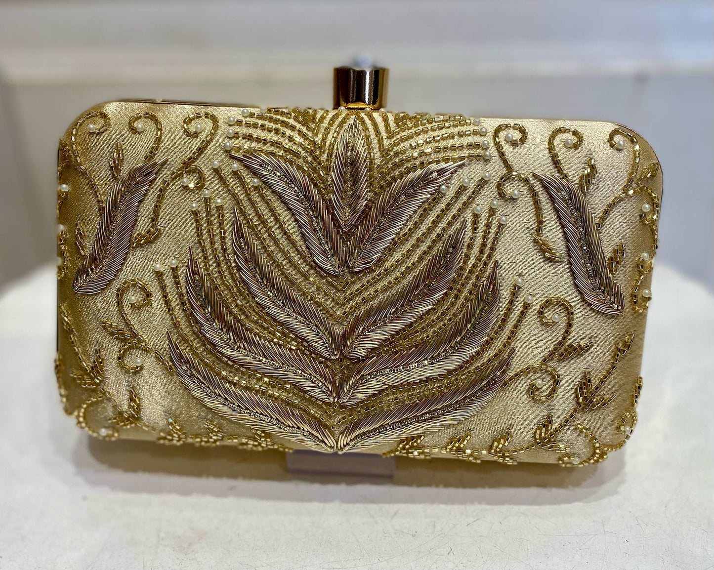 Elegant Gold Poly Satin Clutch Bag with Detachable Chain