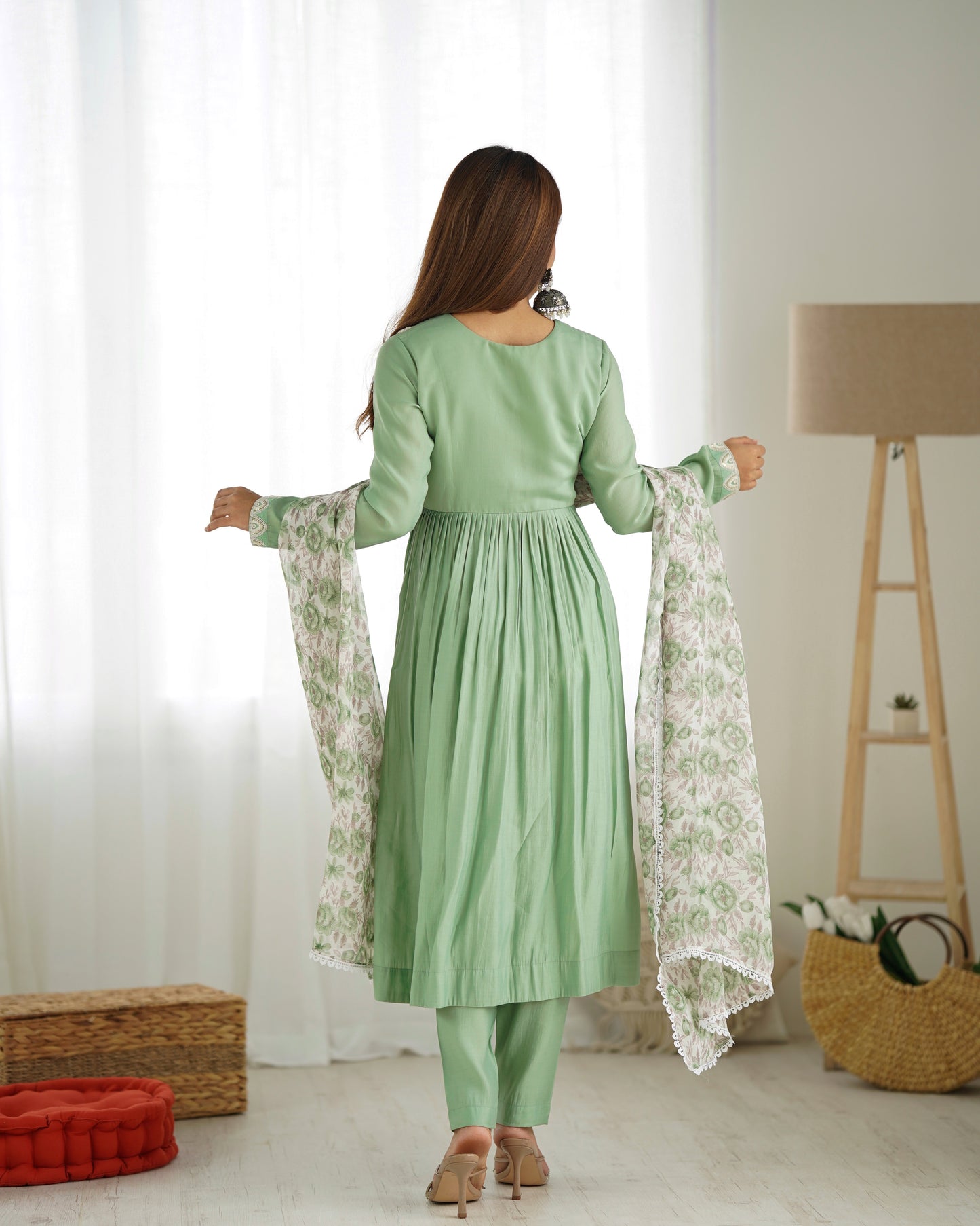 Light Green Silk Readymade Anarkali Suit