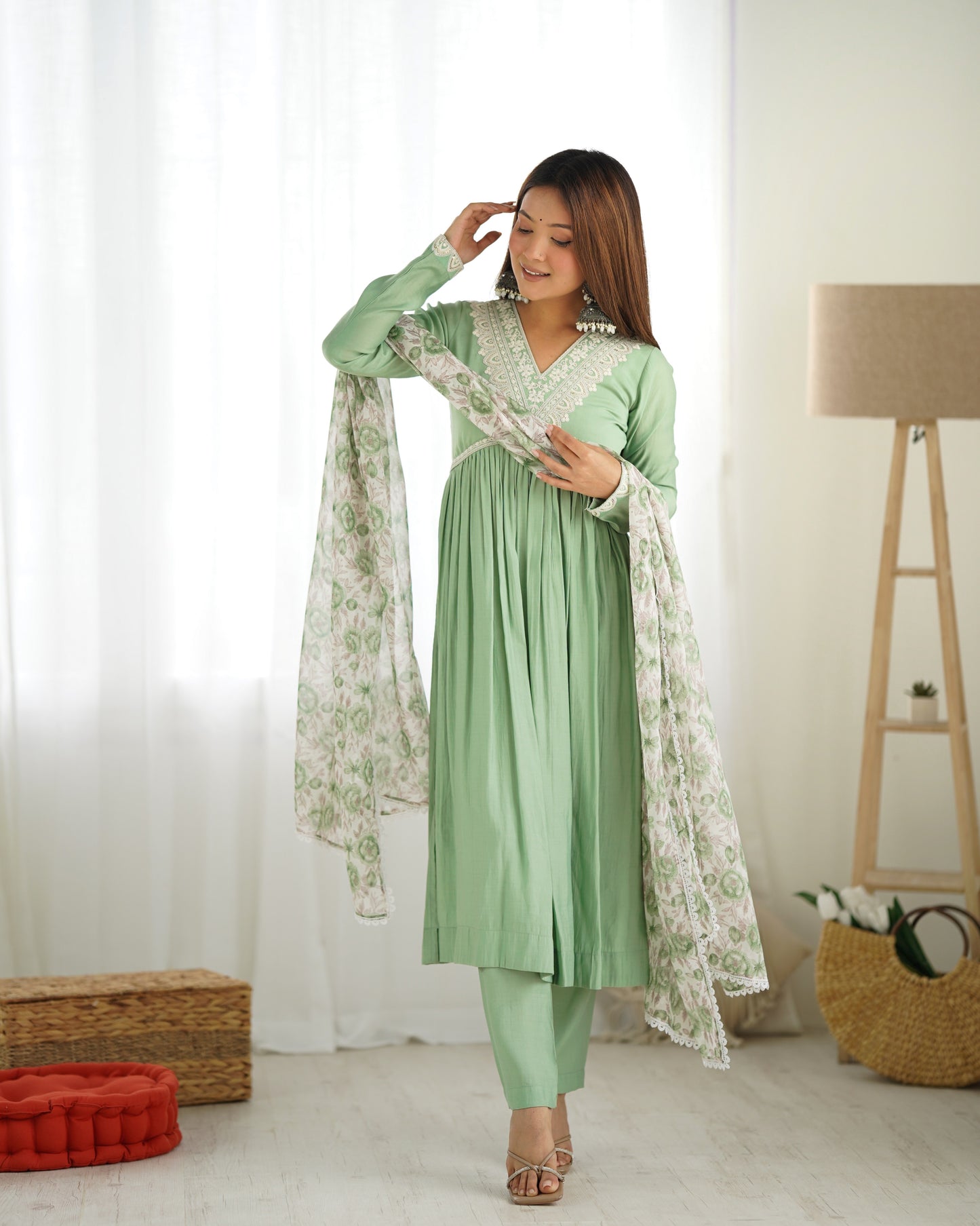 Light Green Silk Readymade Anarkali Suit