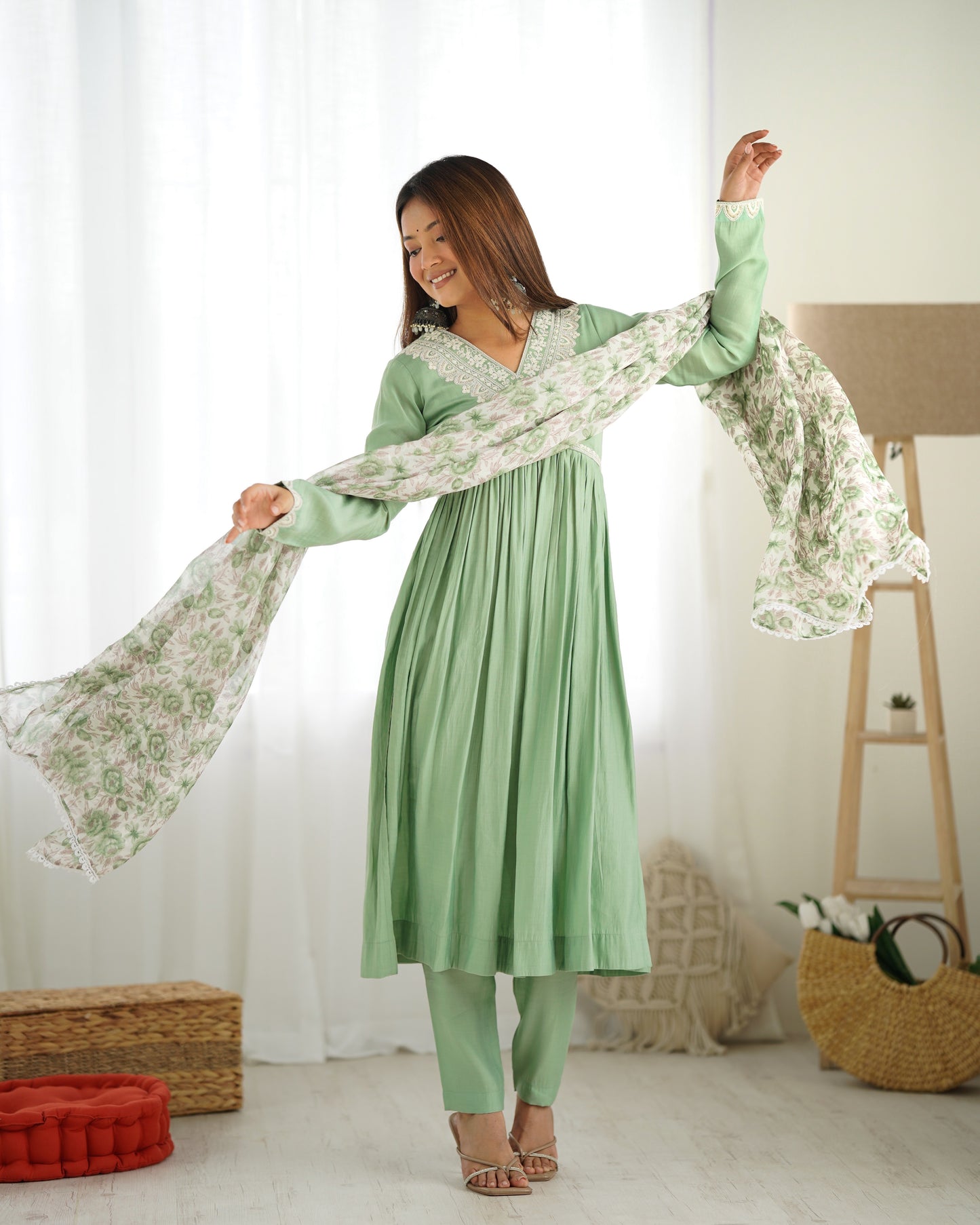 Light Green Silk Readymade Anarkali Suit