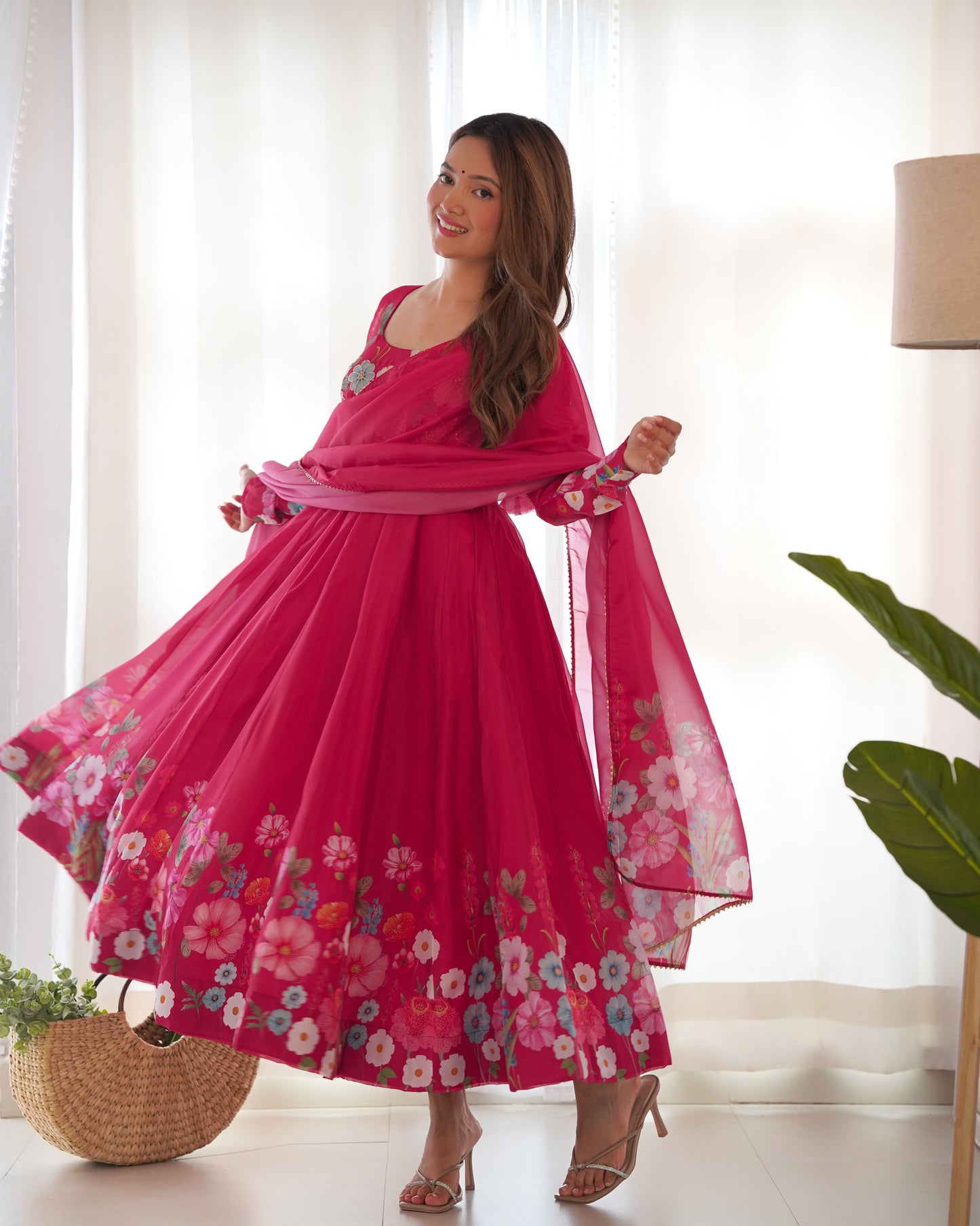 Pink Color Organza Silk Three Piece Anarkali Suit