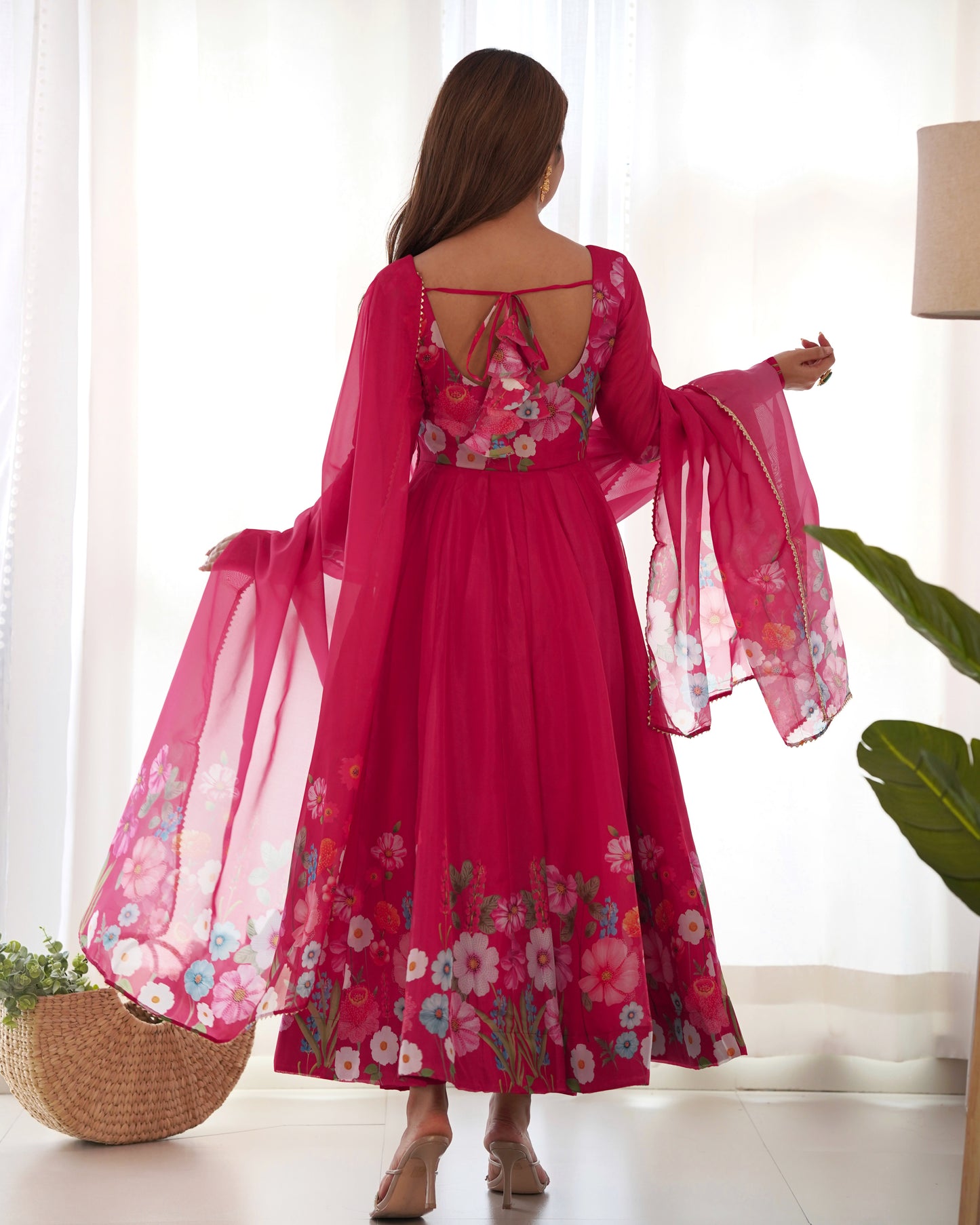 Pink Color Organza Silk Three Piece Anarkali Suit