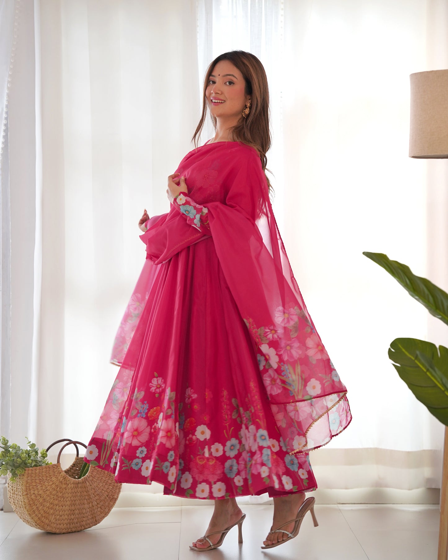 Pink Color Organza Silk Three Piece Anarkali Suit