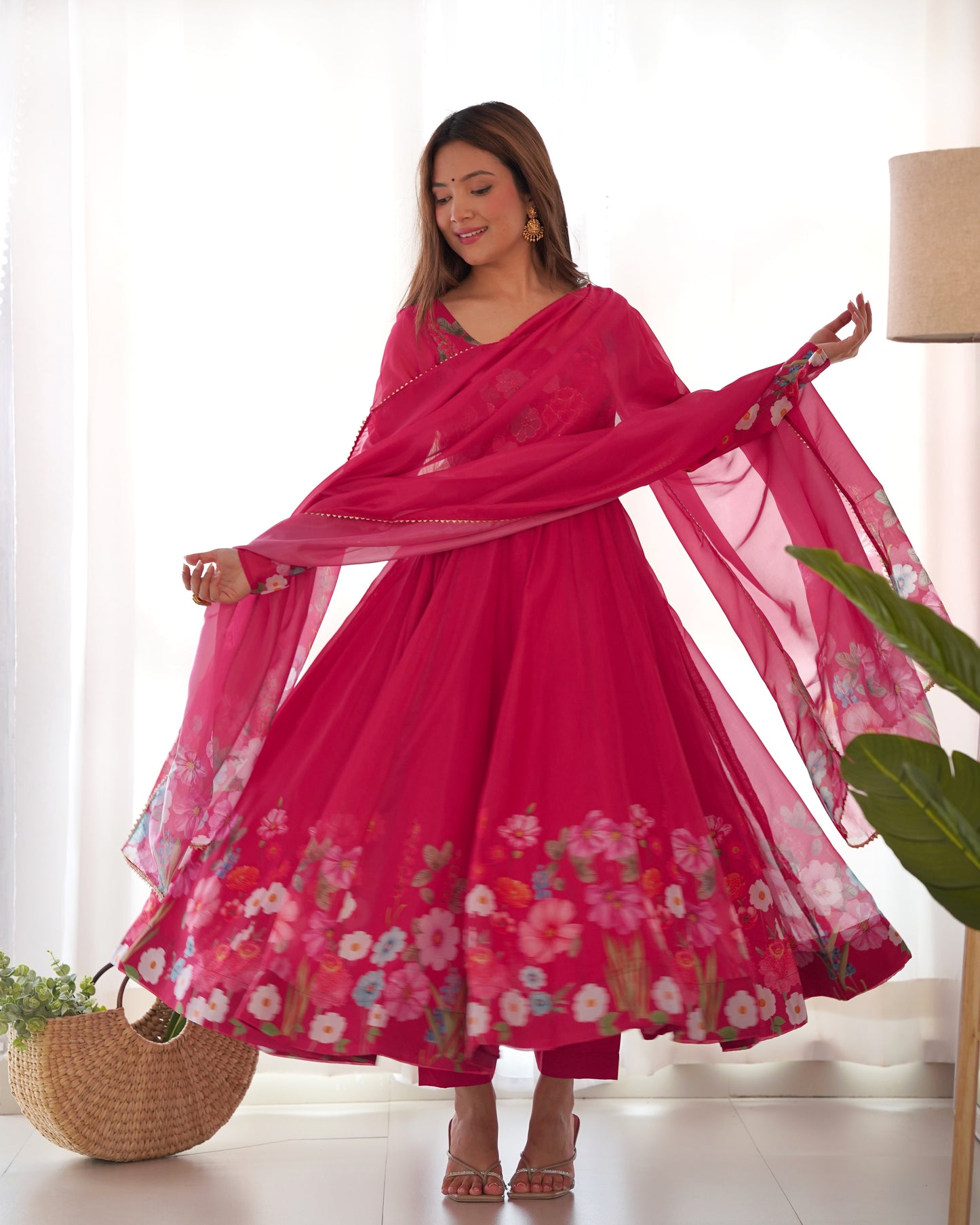 Pink Color Organza Silk Three Piece Anarkali Suit