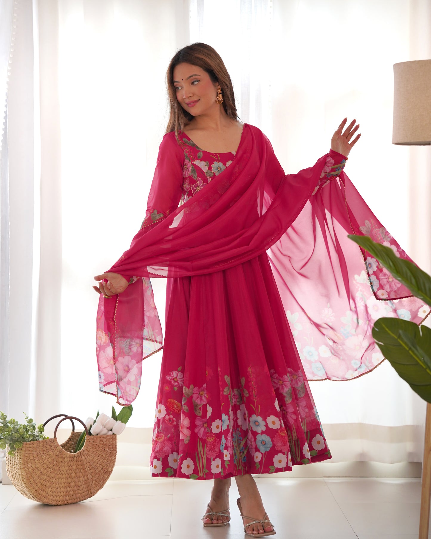 Pink Color Organza Silk Three Piece Anarkali Suit