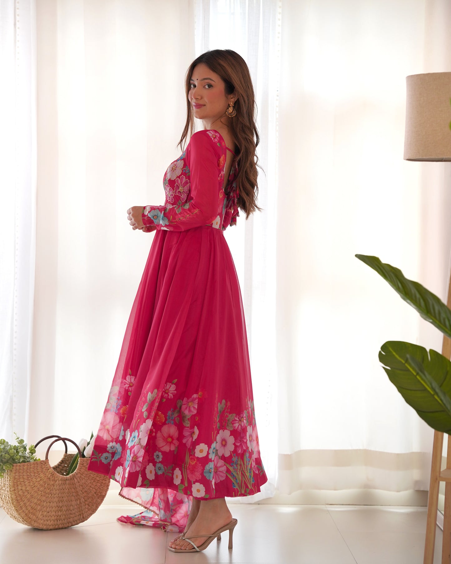 Pink Color Organza Silk Three Piece Anarkali Suit