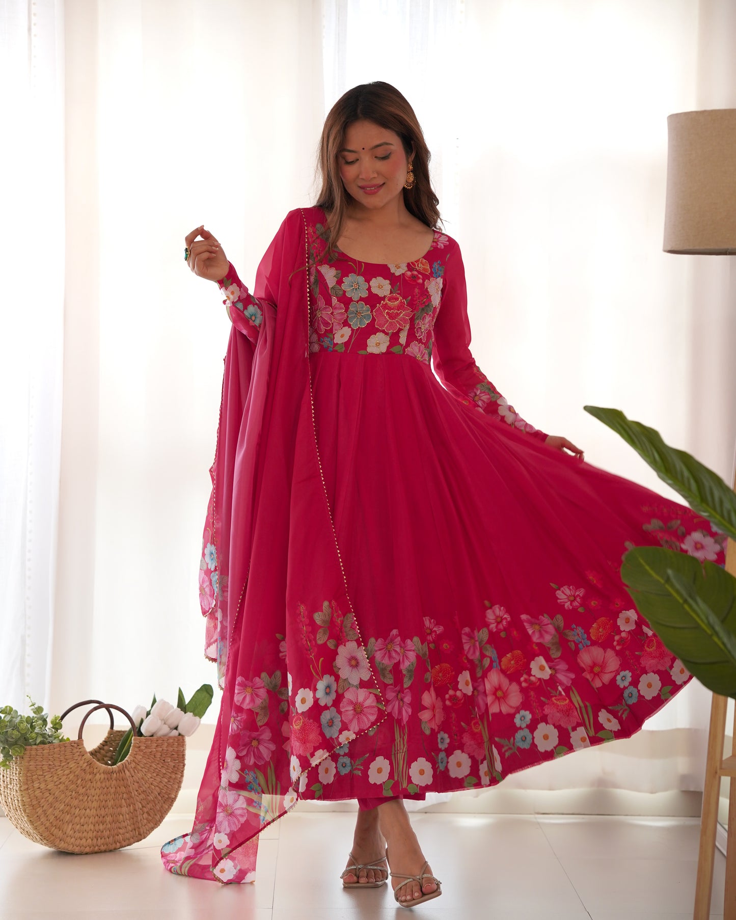 Pink Color Organza Silk Three Piece Anarkali Suit