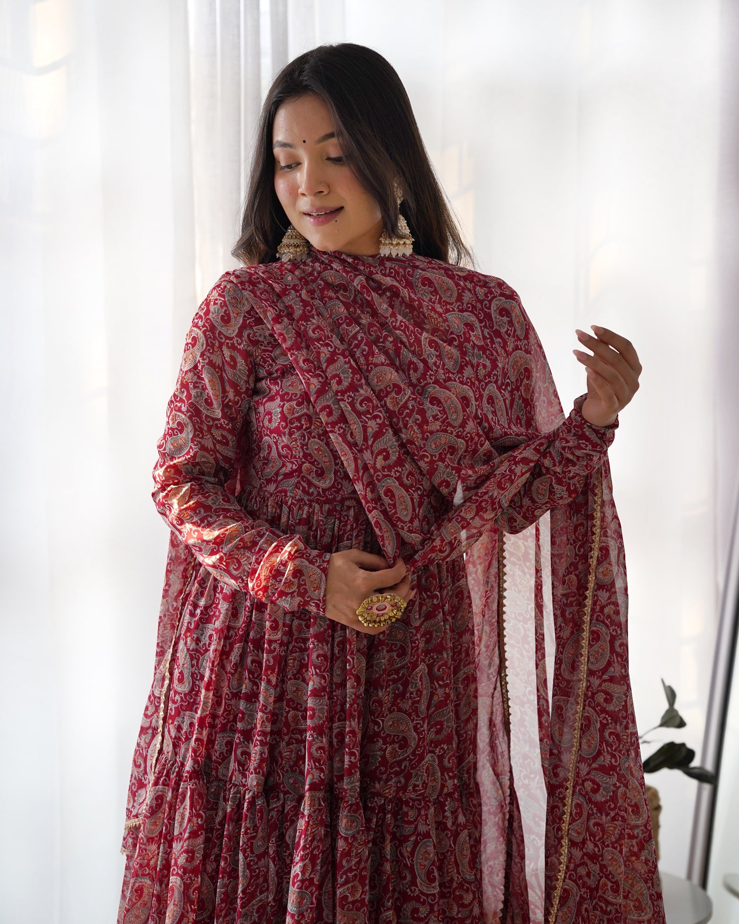 Red Kalamkari Print Faux Georgette Kurta Set By Stylish Ethnic
