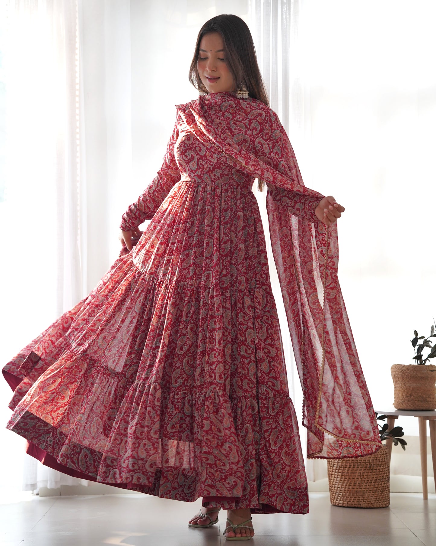 Red Kalamkari Print Faux Georgette Kurta Set By Stylish Ethnic