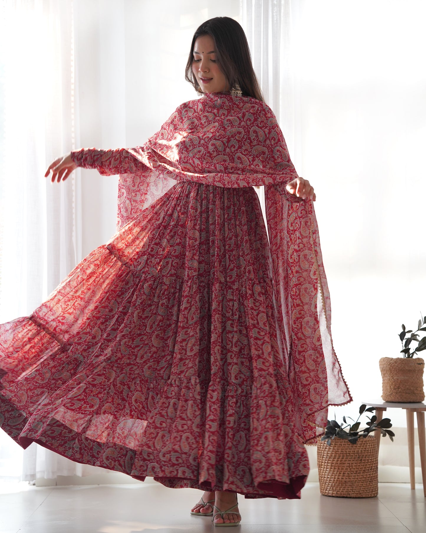 Red Kalamkari Print Faux Georgette Kurta Set By Stylish Ethnic