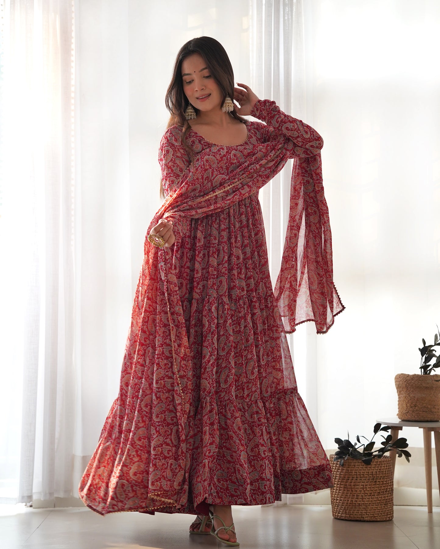 Red Kalamkari Print Faux Georgette Kurta Set By Stylish Ethnic