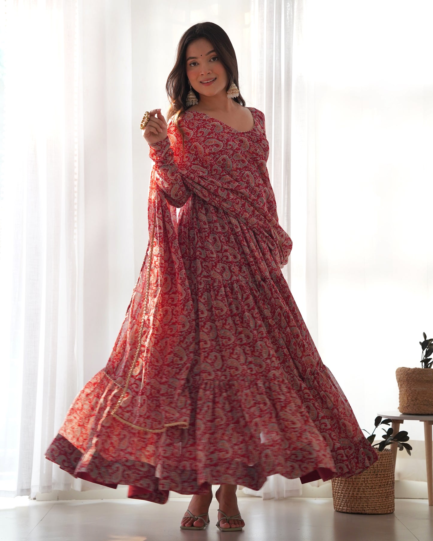 Red Kalamkari Print Faux Georgette Kurta Set By Stylish Ethnic
