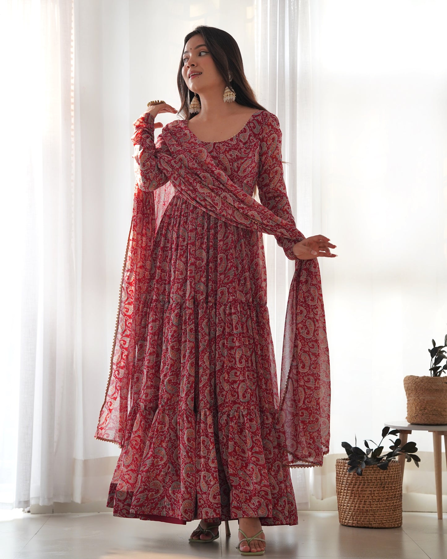 Red Kalamkari Print Faux Georgette Kurta Set By Stylish Ethnic