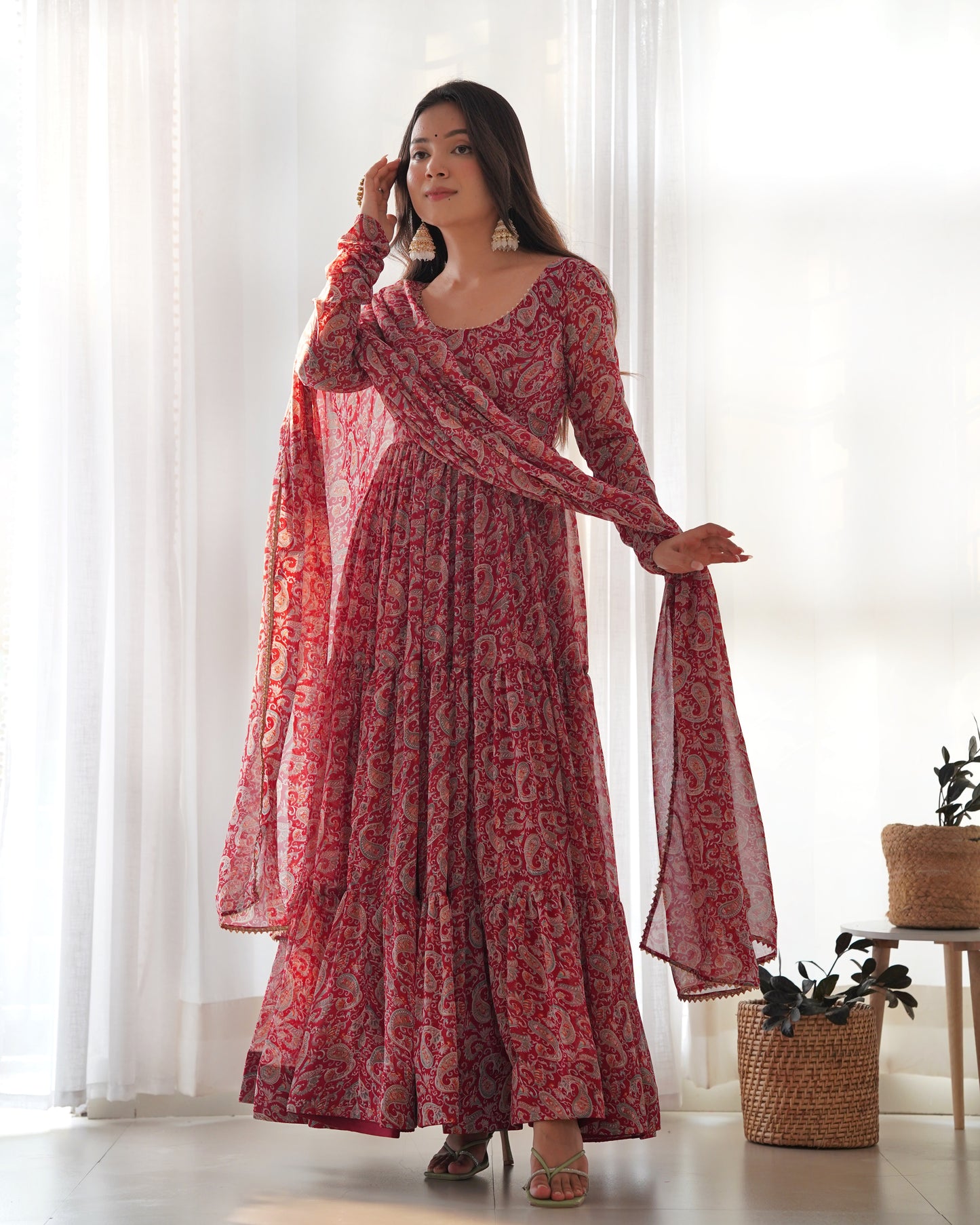 Red Kalamkari Print Faux Georgette Kurta Set By Stylish Ethnic