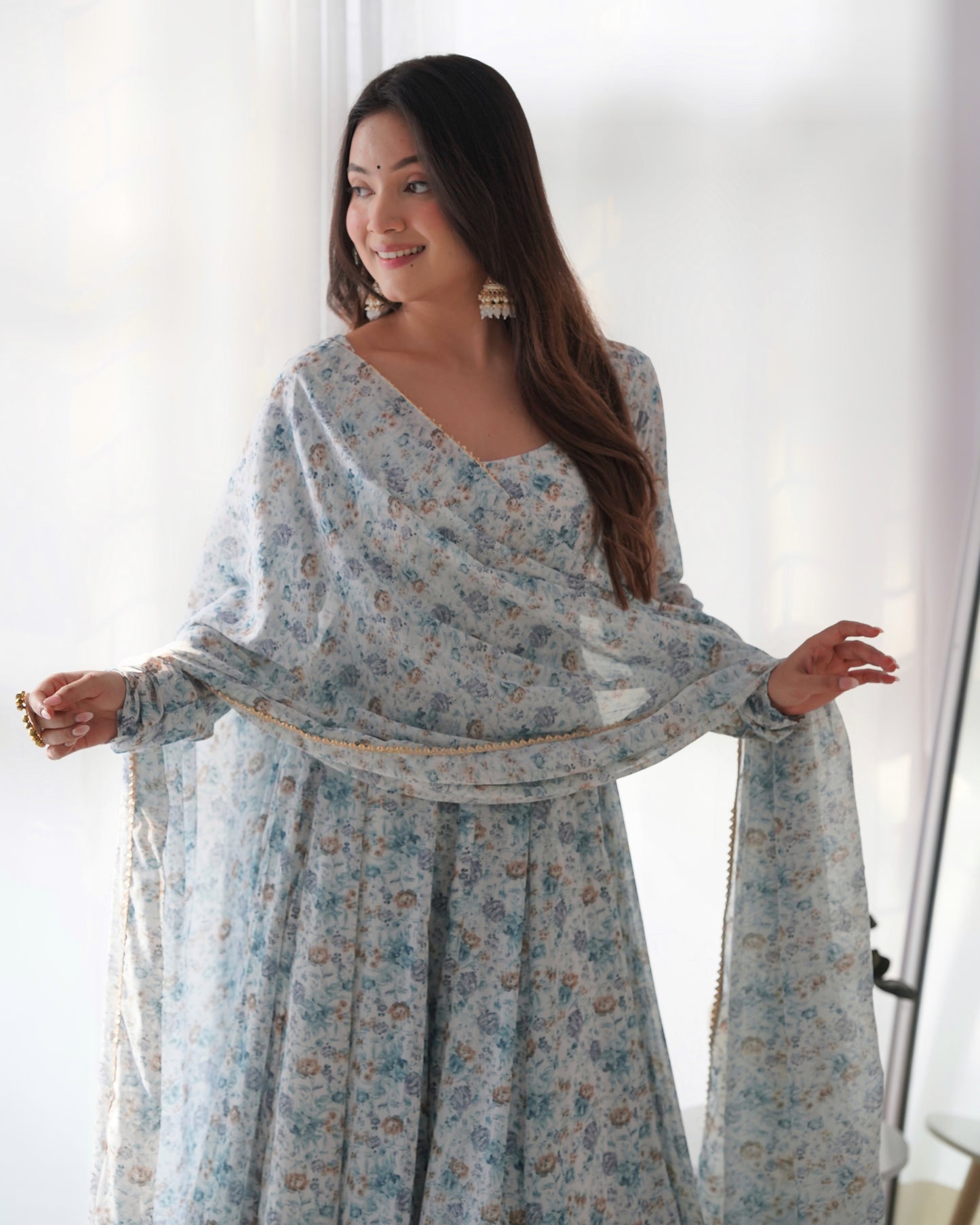 Sky Blue Floral Print Chiffon Kurta Set By Stylish Ethnic