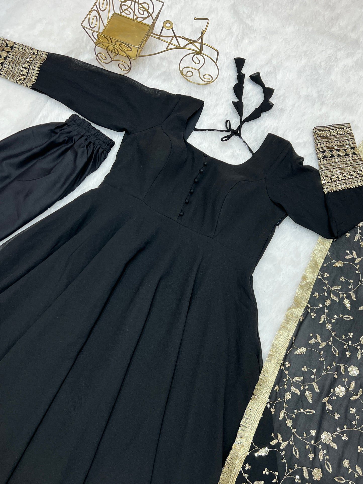 Luxurious Fox Georgette Black Gown Set with Heavy Sequins and Jari Work