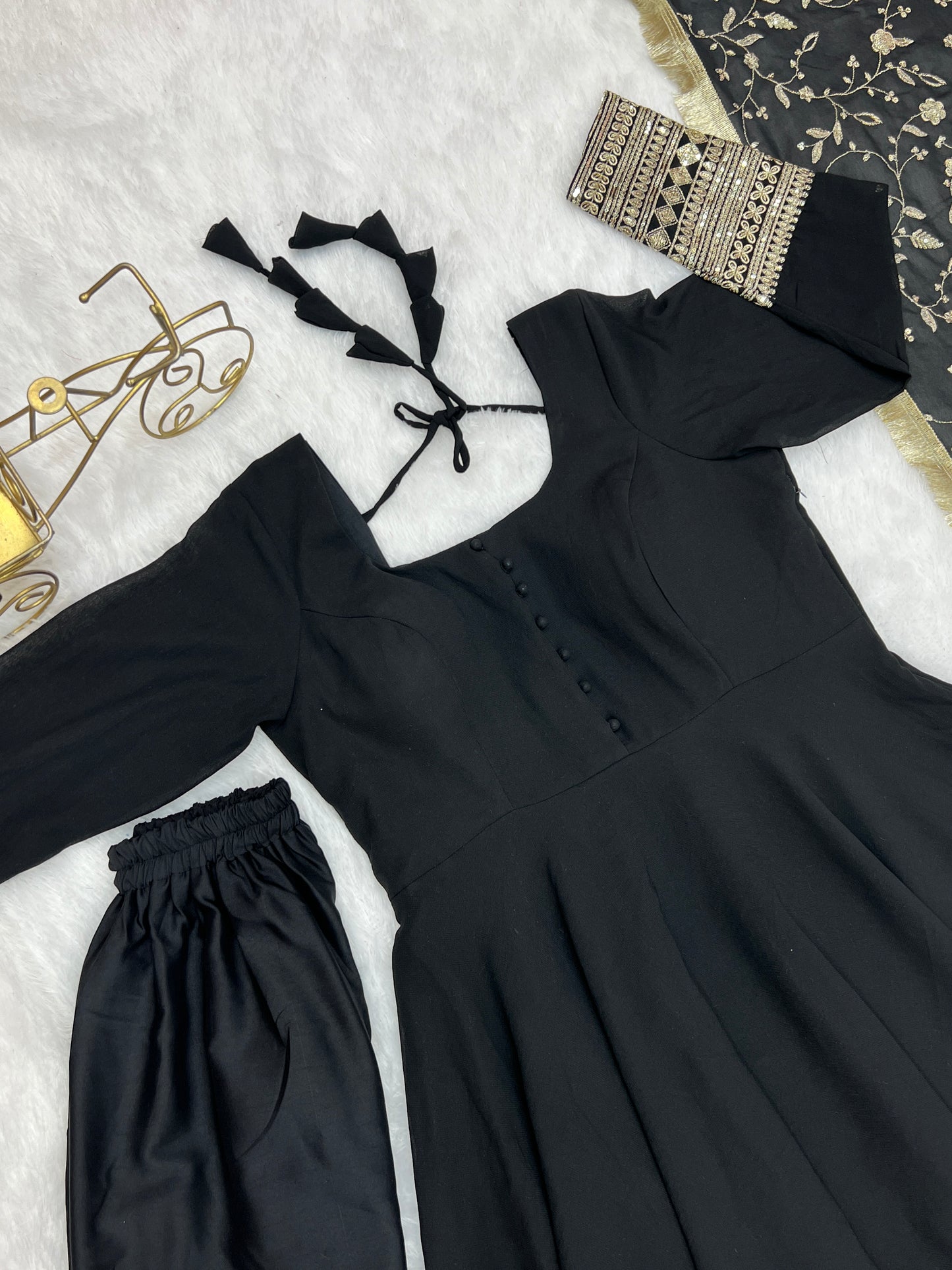 Luxurious Fox Georgette Black Gown Set with Heavy Sequins and Jari Work