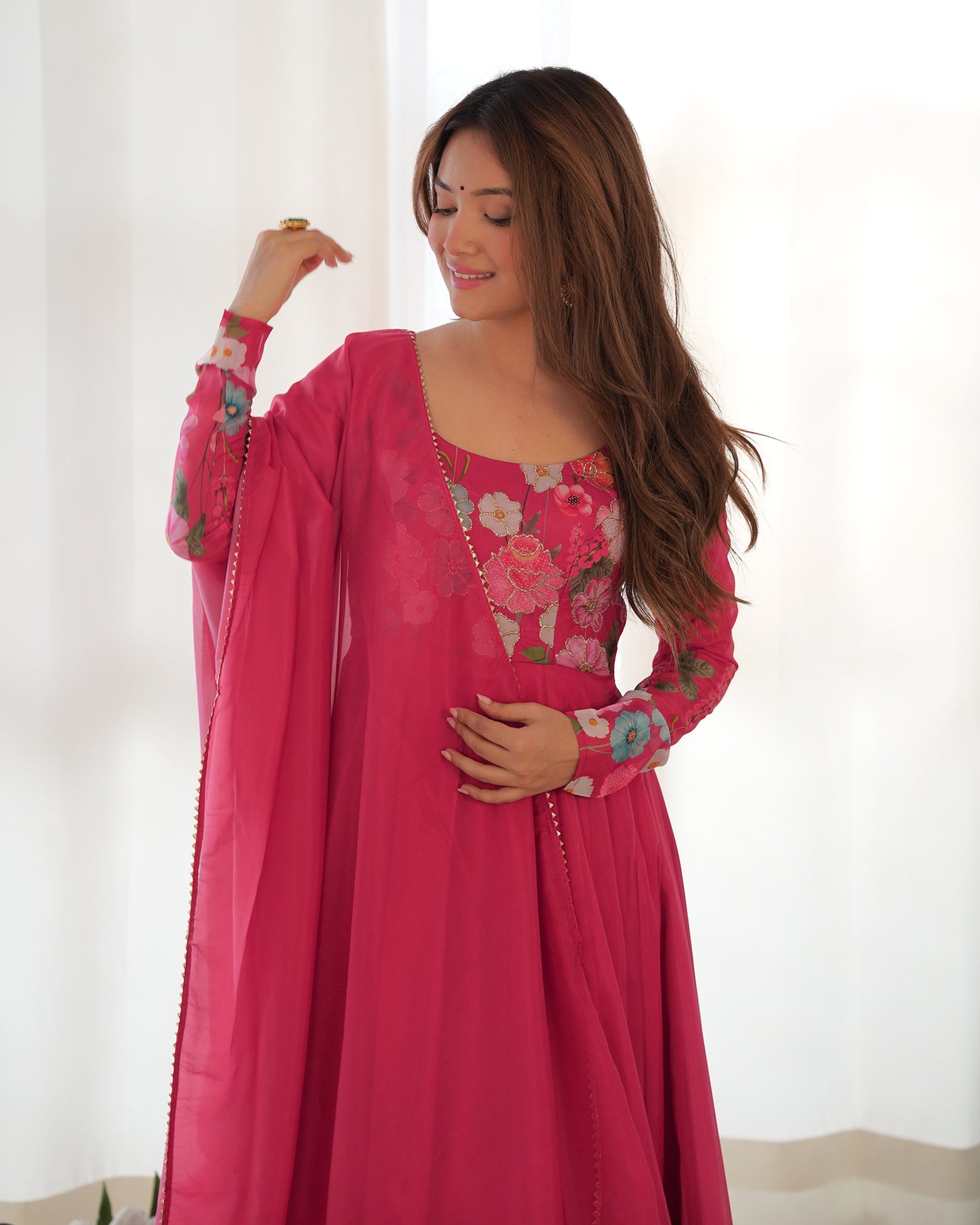 Pink Color Organza Silk Three Piece Anarkali Suit