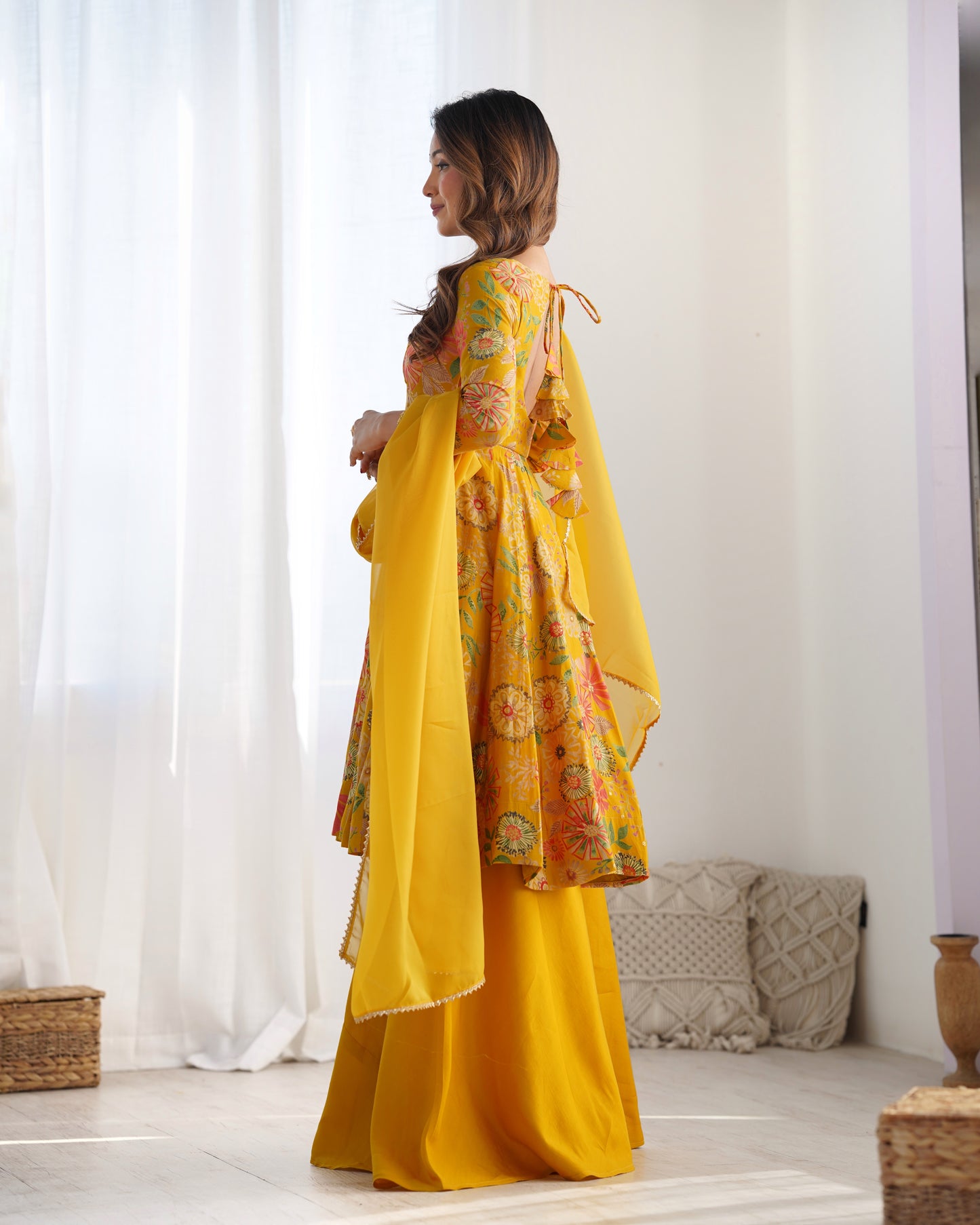 Yellow Heavy Roman Silk Chanderi Kediya Kurta Set with Palazzo and Organza Dupatta | Fully Stitched Festive & Wedding Wear