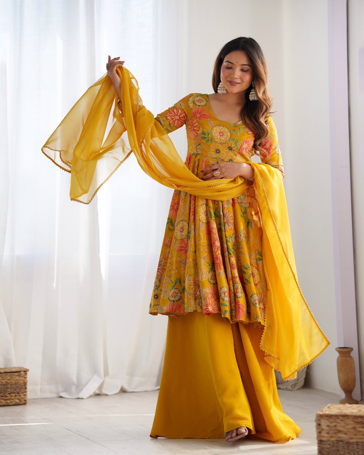 Yellow Heavy Roman Silk Chanderi Kediya Kurta Set with Palazzo and Organza Dupatta | Fully Stitched Festive & Wedding Wear