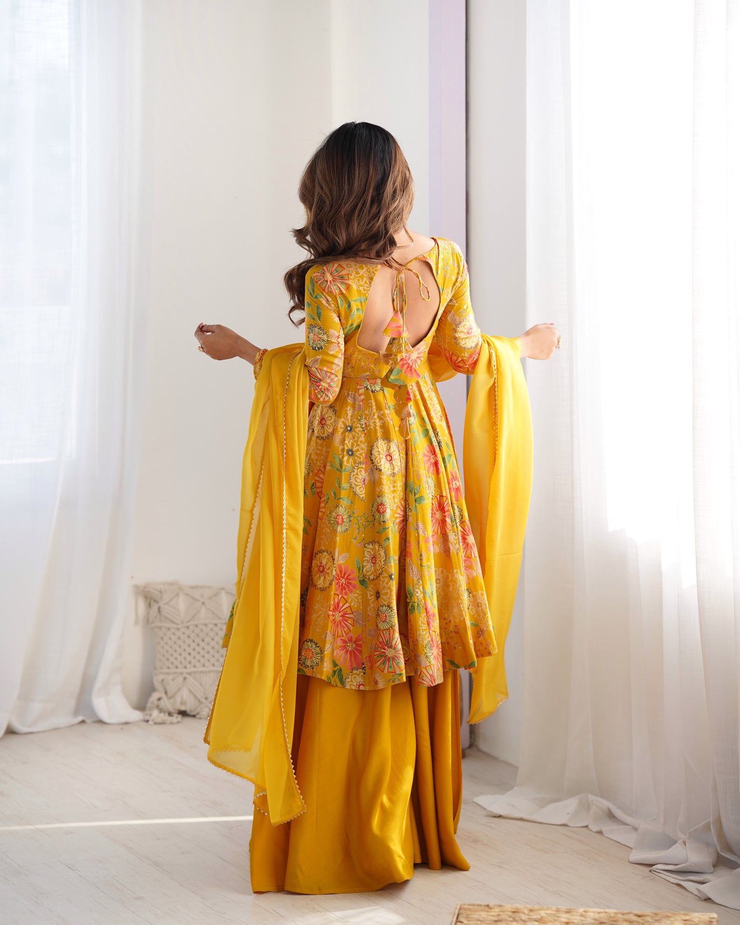Yellow Heavy Roman Silk Chanderi Kediya Kurta Set with Palazzo and Organza Dupatta | Fully Stitched Festive & Wedding Wear