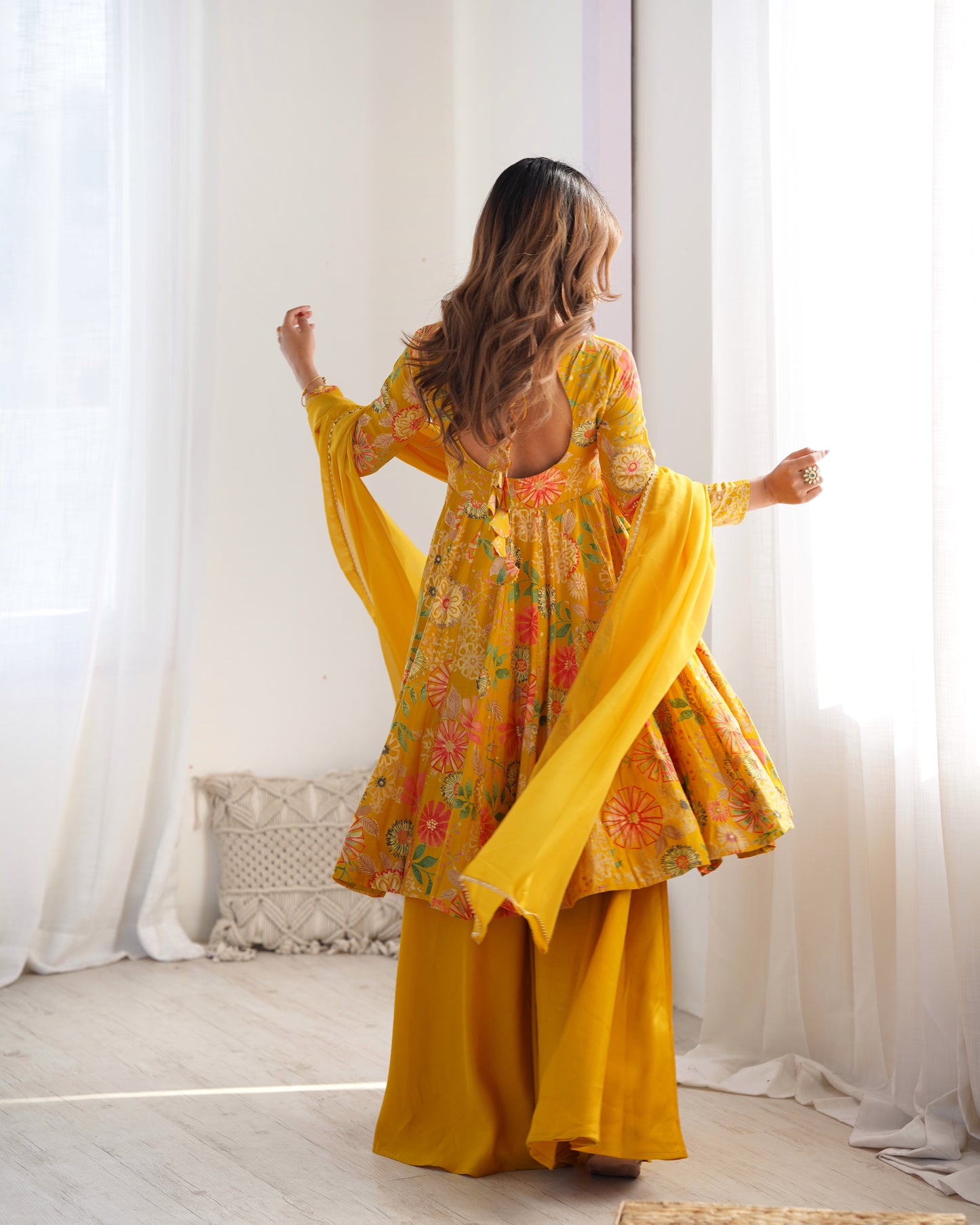 Yellow Heavy Roman Silk Chanderi Kediya Kurta Set with Palazzo and Organza Dupatta | Fully Stitched Festive & Wedding Wear