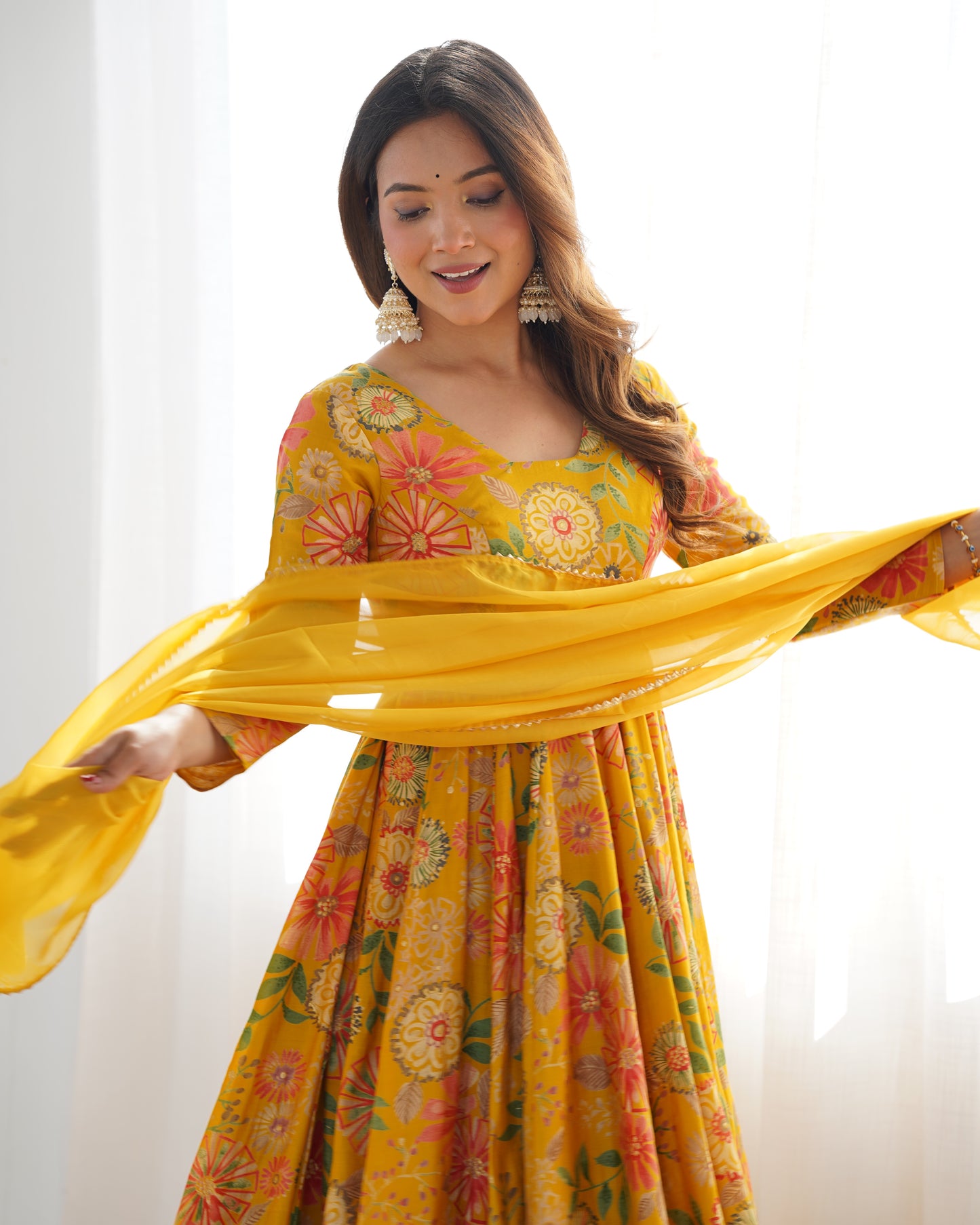 Yellow Heavy Roman Silk Chanderi Kediya Kurta Set with Palazzo and Organza Dupatta | Fully Stitched Festive & Wedding Wear