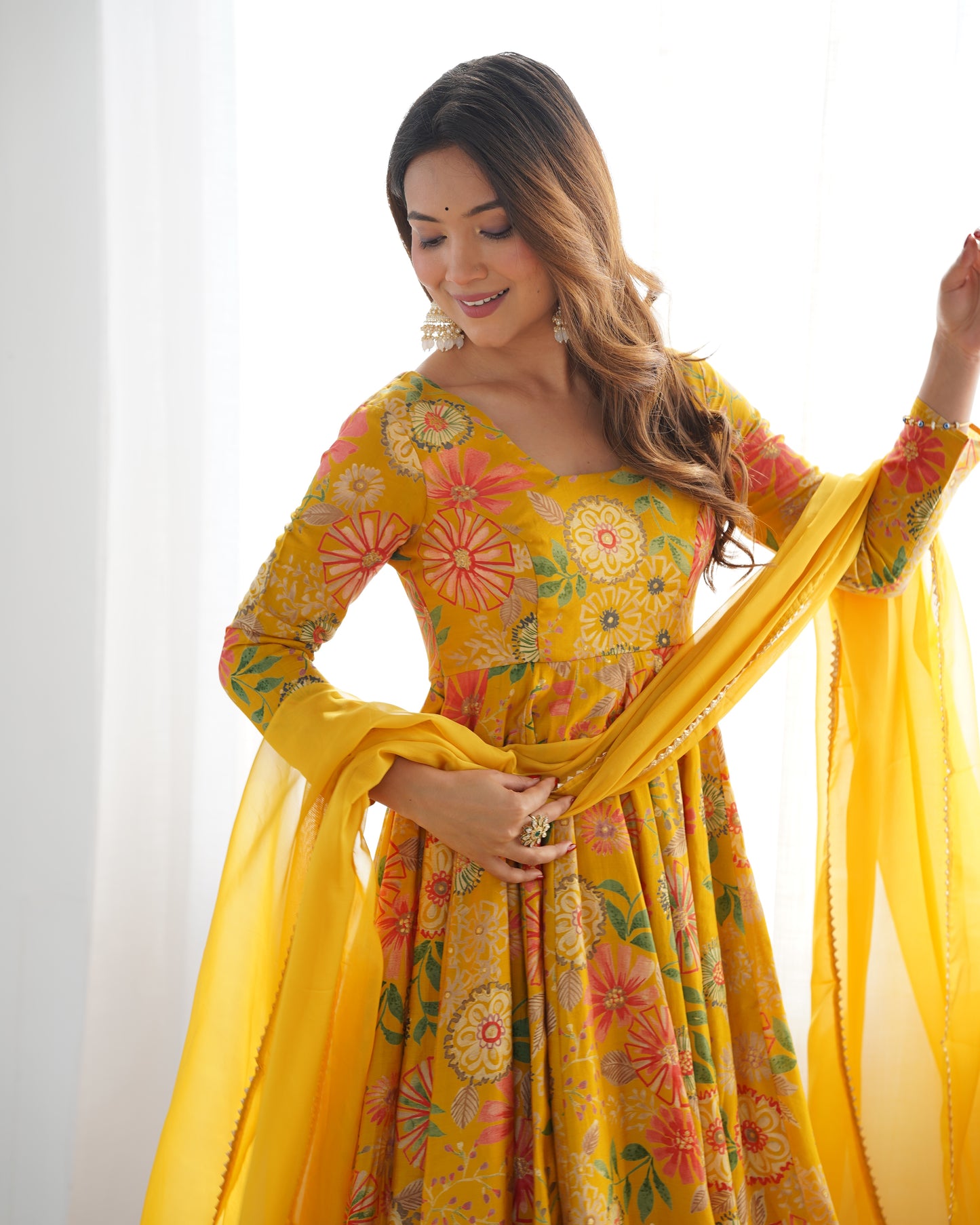 Yellow Heavy Roman Silk Chanderi Kediya Kurta Set with Palazzo and Organza Dupatta | Fully Stitched Festive & Wedding Wear