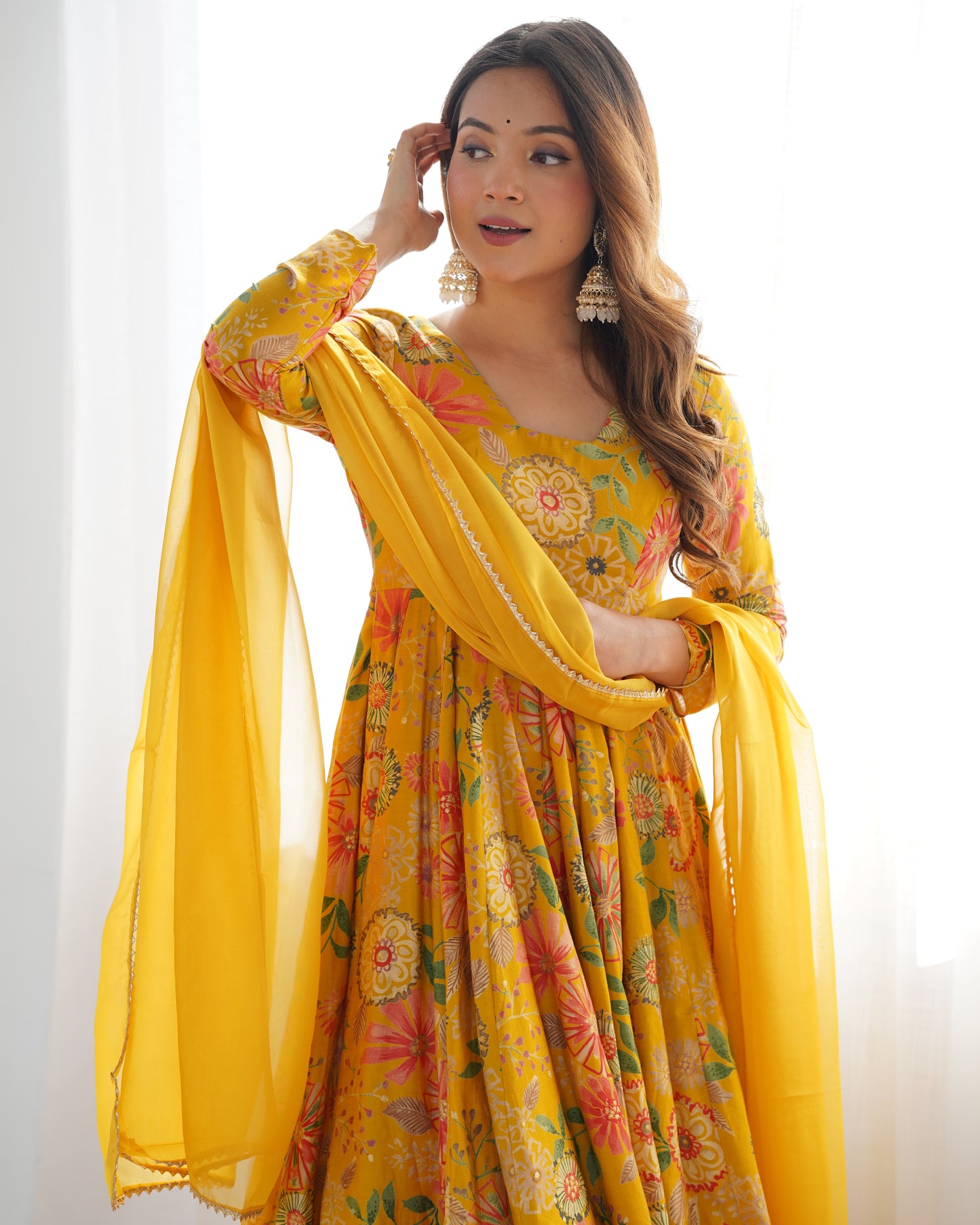 Yellow Heavy Roman Silk Chanderi Kediya Kurta Set with Palazzo and Organza Dupatta | Fully Stitched Festive & Wedding Wear