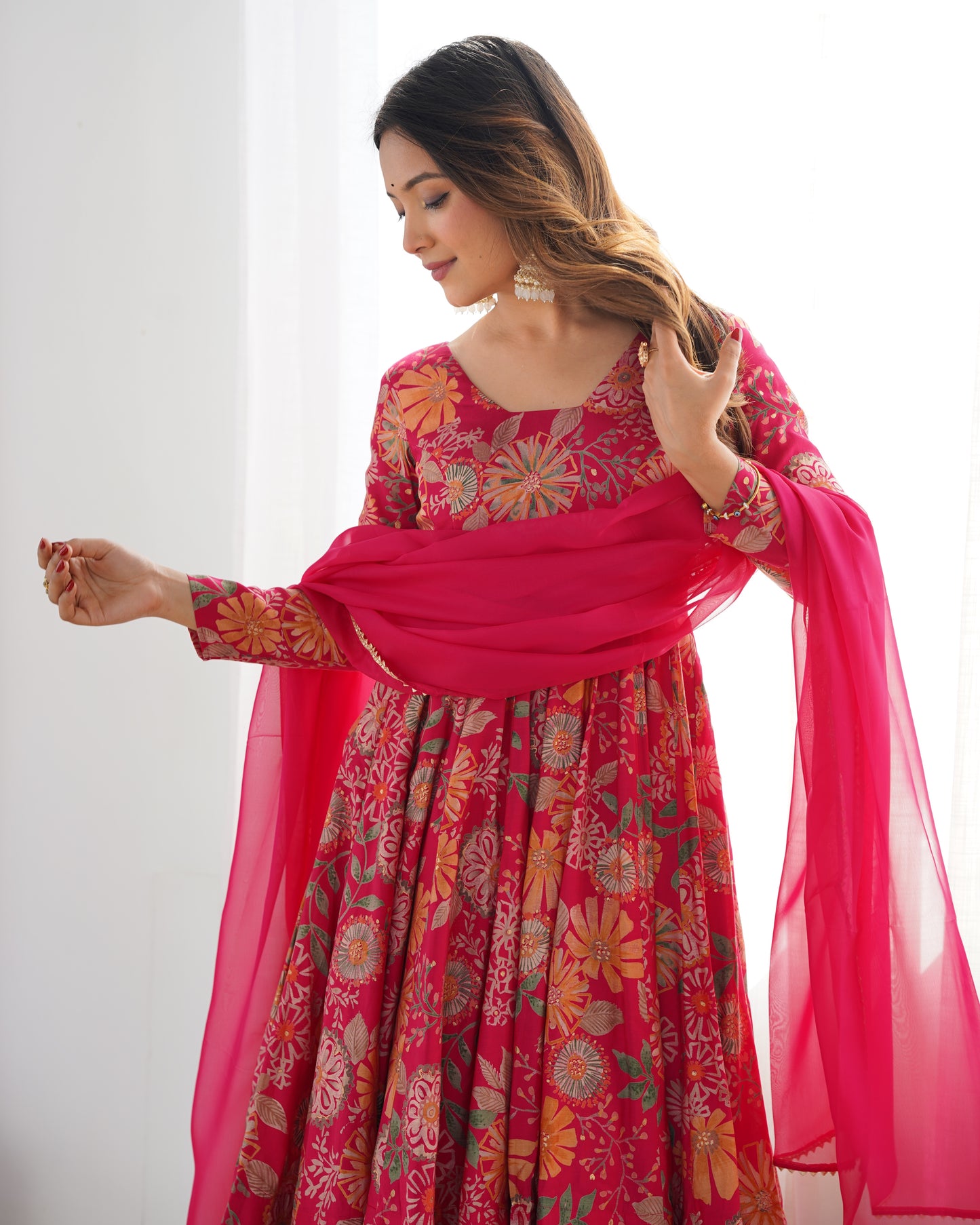 Rani Pink Heavy Roman Silk Chanderi Kediya Kurta Set with Palazzo and Organza Dupatta | Fully Stitched Festive & Wedding Wear
