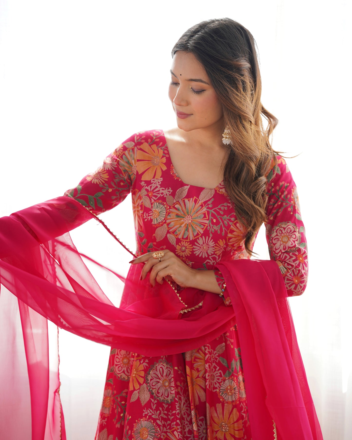 Rani Pink Heavy Roman Silk Chanderi Kediya Kurta Set with Palazzo and Organza Dupatta | Fully Stitched Festive & Wedding Wear