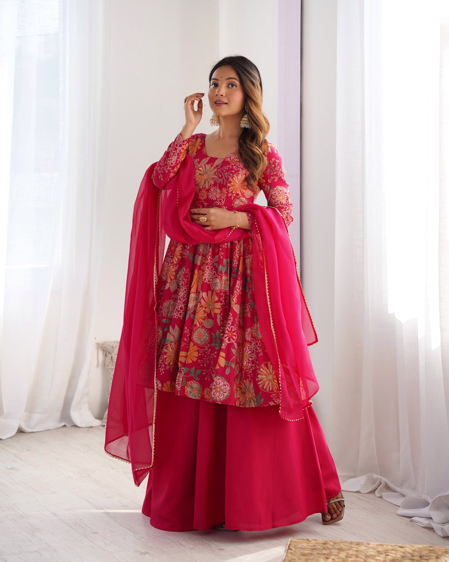 Rani Pink Heavy Roman Silk Chanderi Kediya Kurta Set with Palazzo and Organza Dupatta | Fully Stitched Festive & Wedding Wear