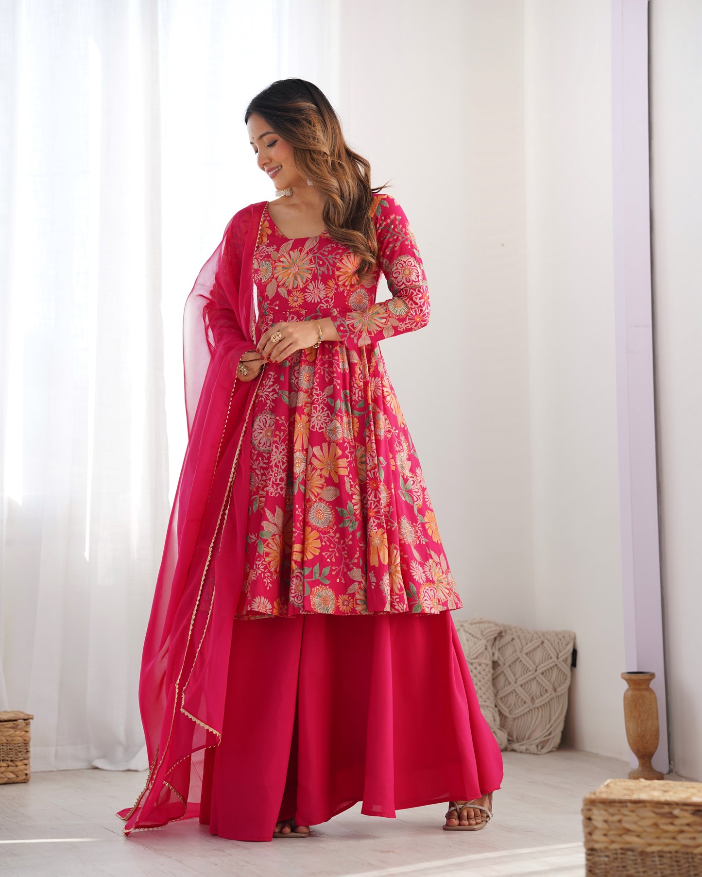 Rani Pink Heavy Roman Silk Chanderi Kediya Kurta Set with Palazzo and Organza Dupatta | Fully Stitched Festive & Wedding Wear