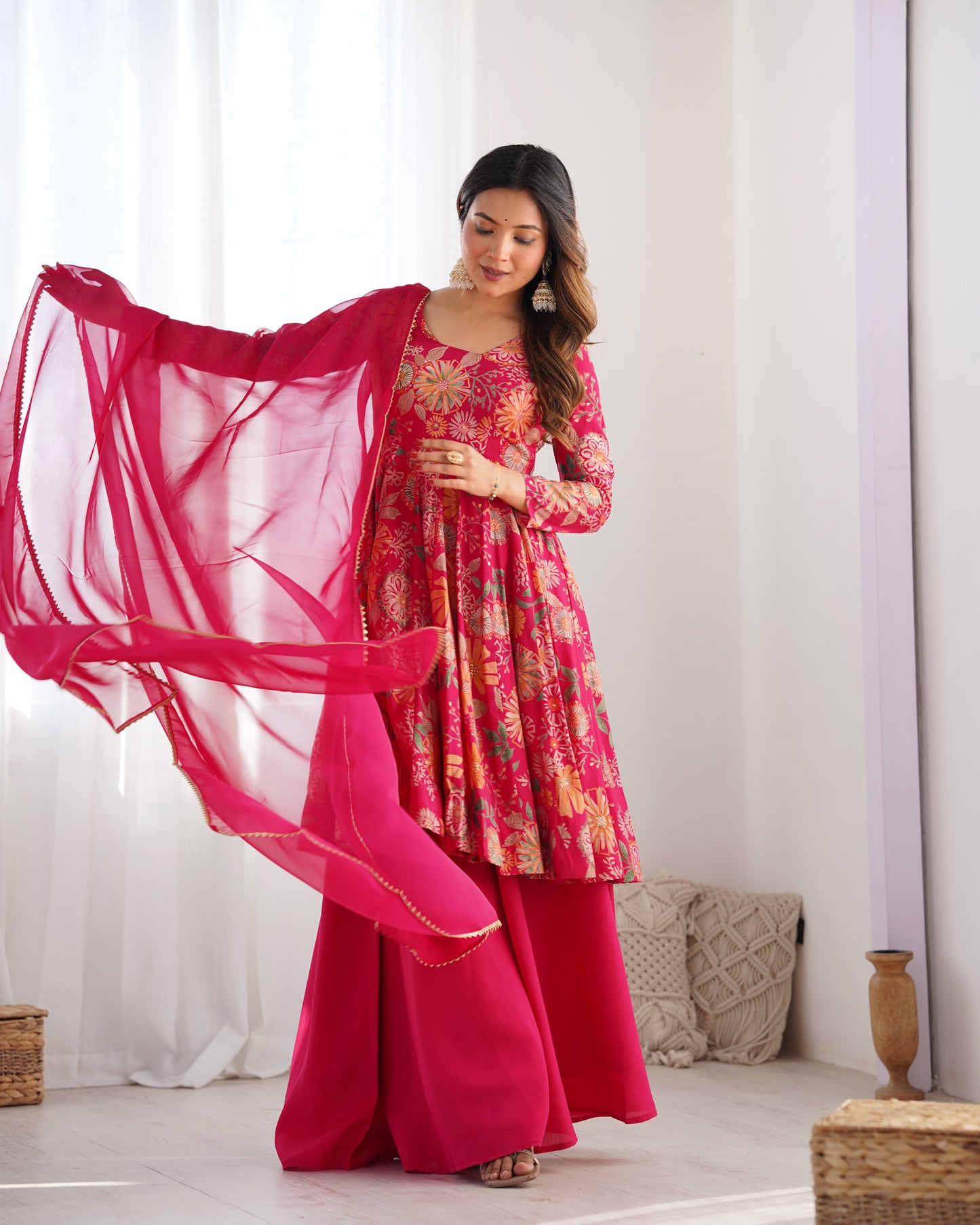 Rani Pink Heavy Roman Silk Chanderi Kediya Kurta Set with Palazzo and Organza Dupatta | Fully Stitched Festive & Wedding Wear
