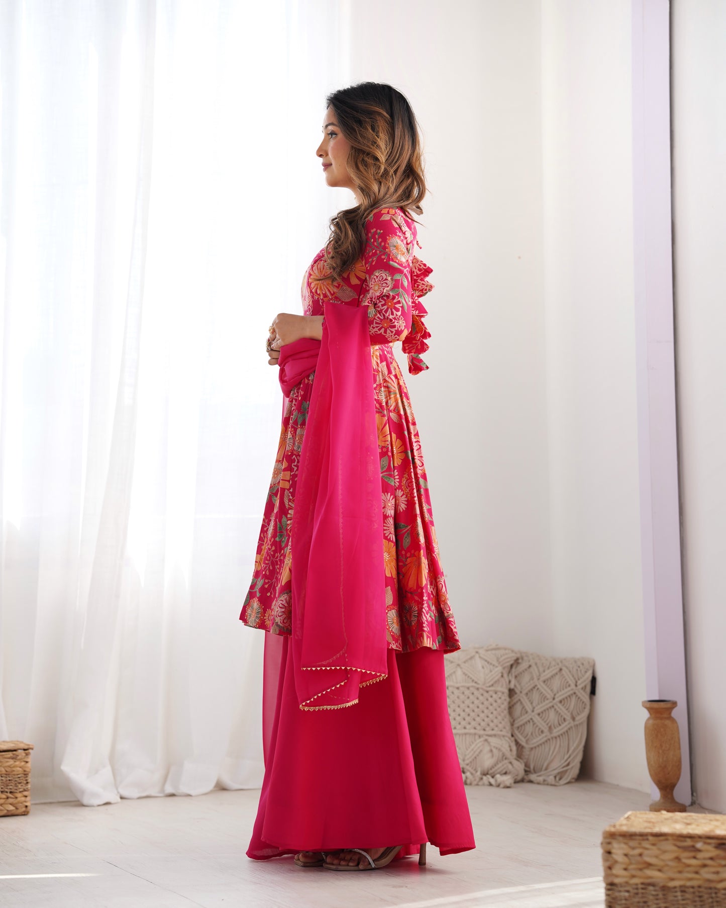 Rani Pink Heavy Roman Silk Chanderi Kediya Kurta Set with Palazzo and Organza Dupatta | Fully Stitched Festive & Wedding Wear