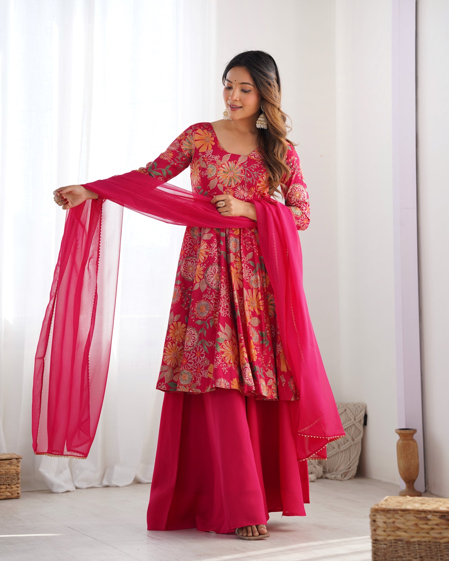 Rani Pink Heavy Roman Silk Chanderi Kediya Kurta Set with Palazzo and Organza Dupatta | Fully Stitched Festive & Wedding Wear