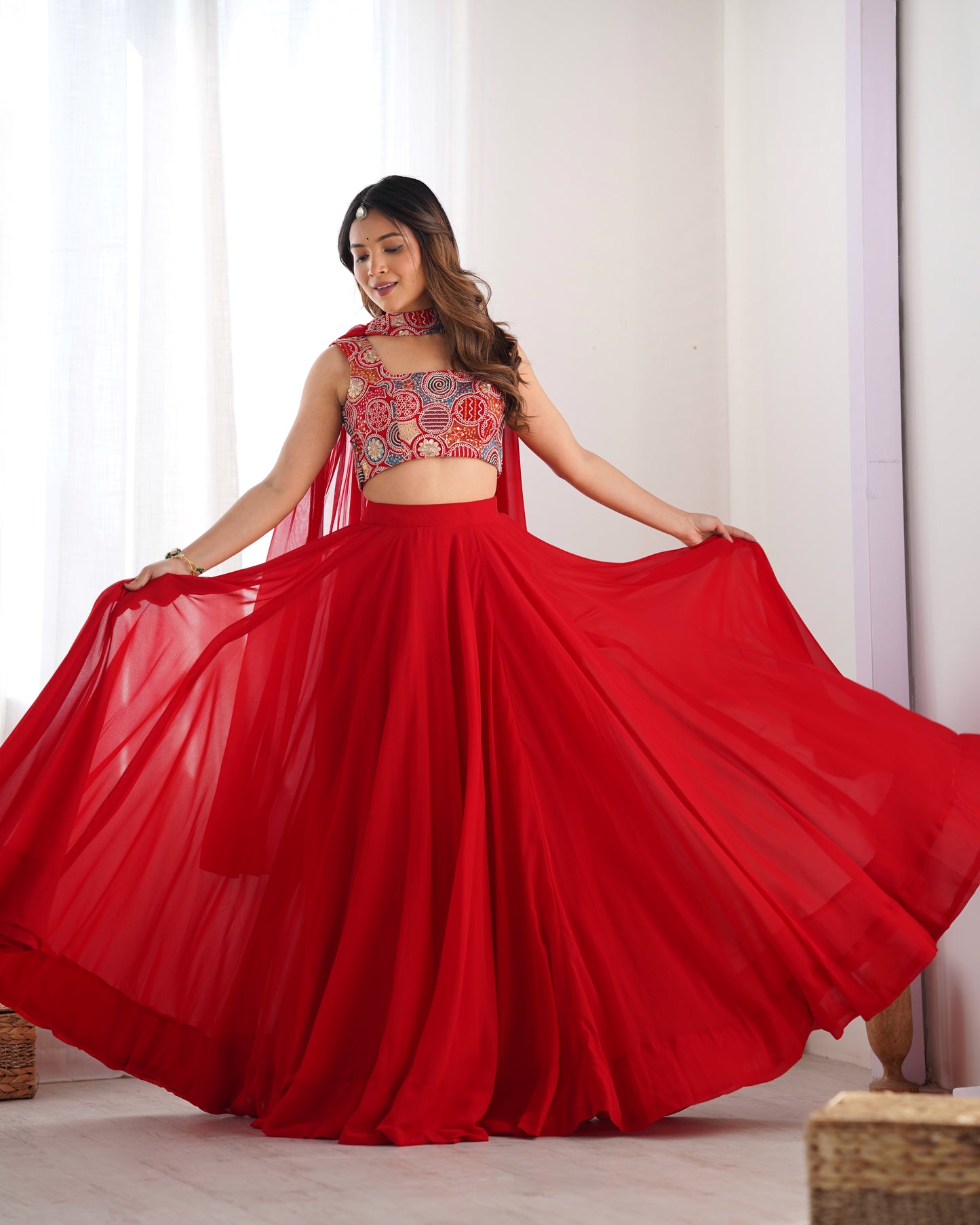 Introducing Our Exquisite Pure Soft Fox Red Georgette Lehenga Choli Set