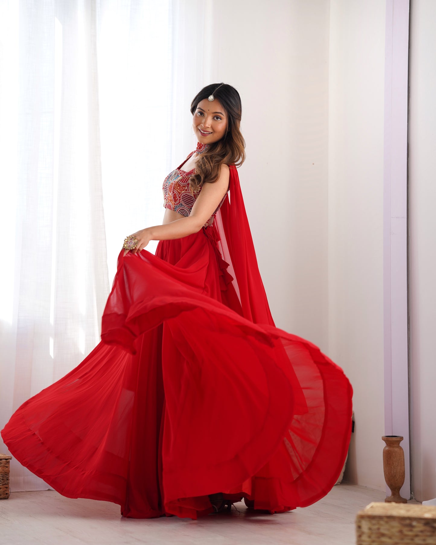 Introducing Our Exquisite Pure Soft Fox Red Georgette Lehenga Choli Set