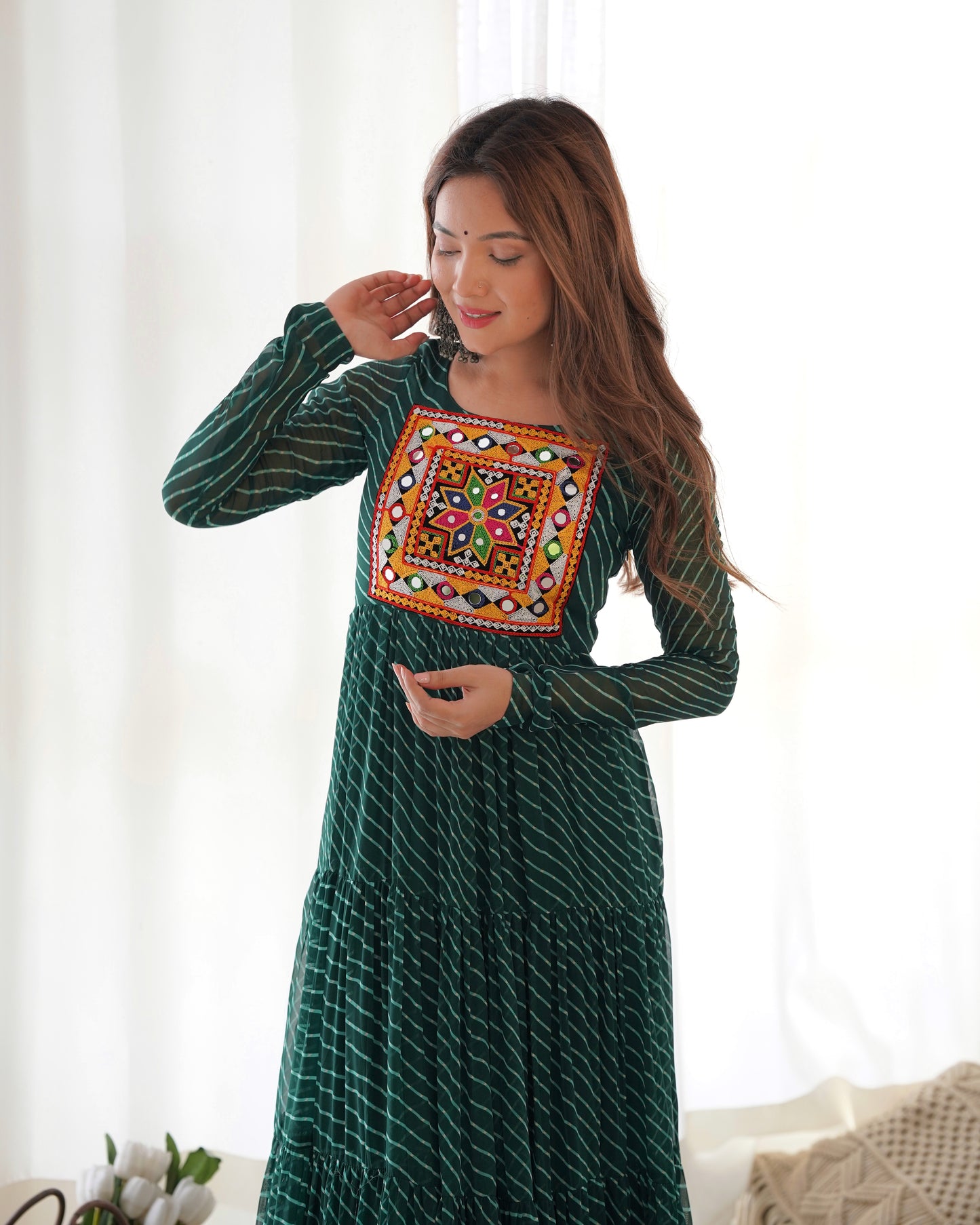 Georgette Embroidered Work Bottle Green Readymade Floor Length Gown By Stylish Ethnic
