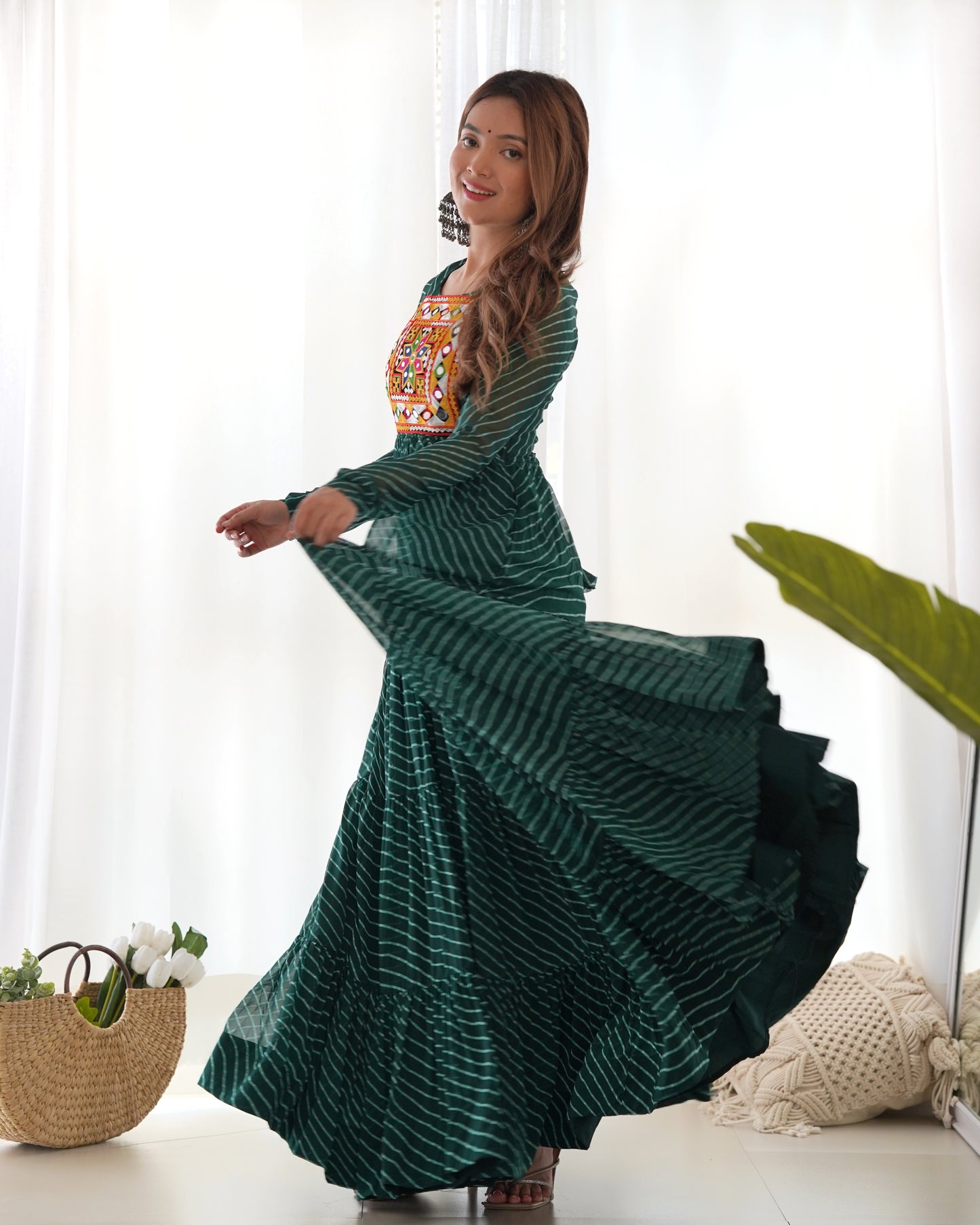 Georgette Embroidered Work Bottle Green Readymade Floor Length Gown By Stylish Ethnic