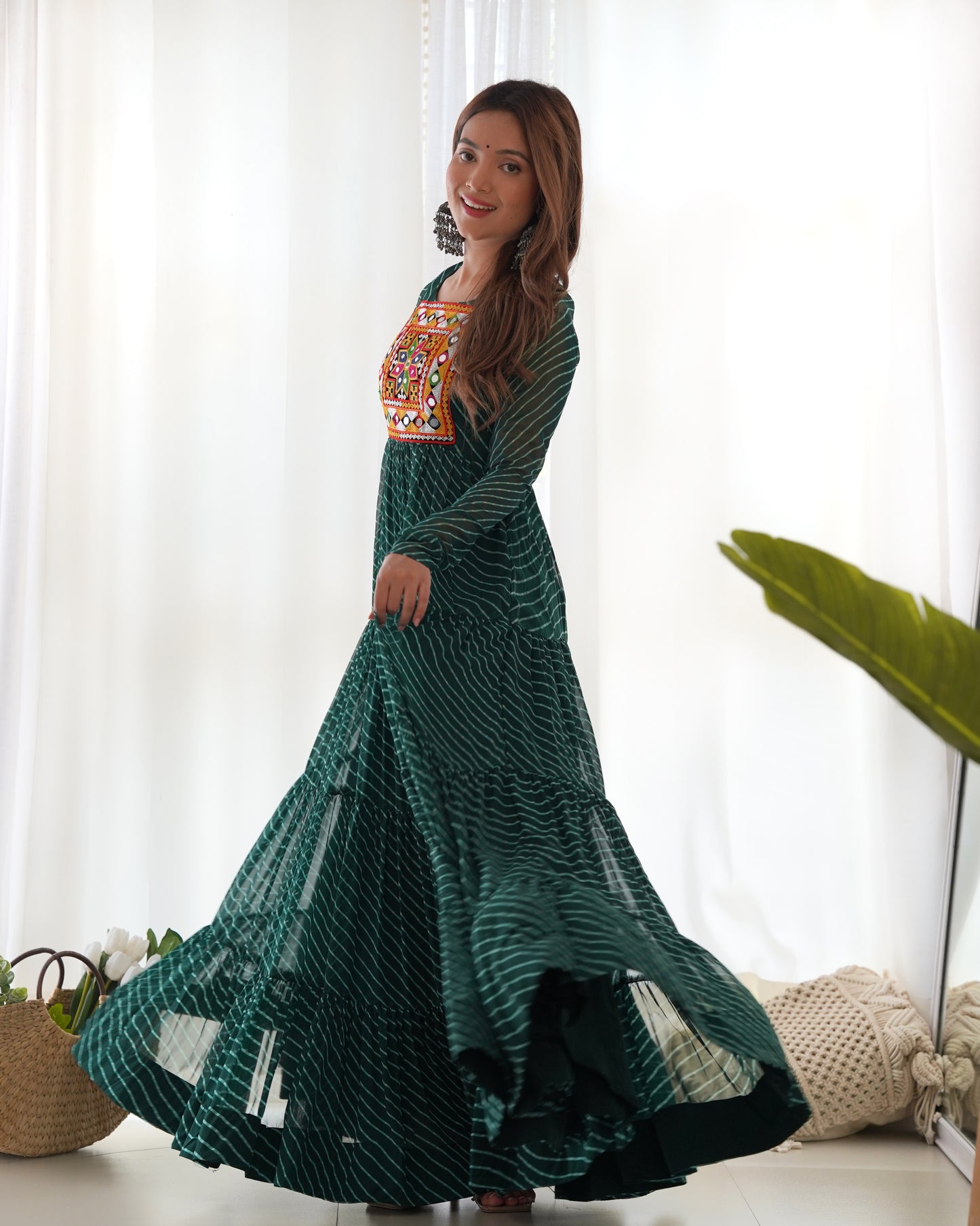 Georgette Embroidered Work Bottle Green Readymade Floor Length Gown By Stylish Ethnic
