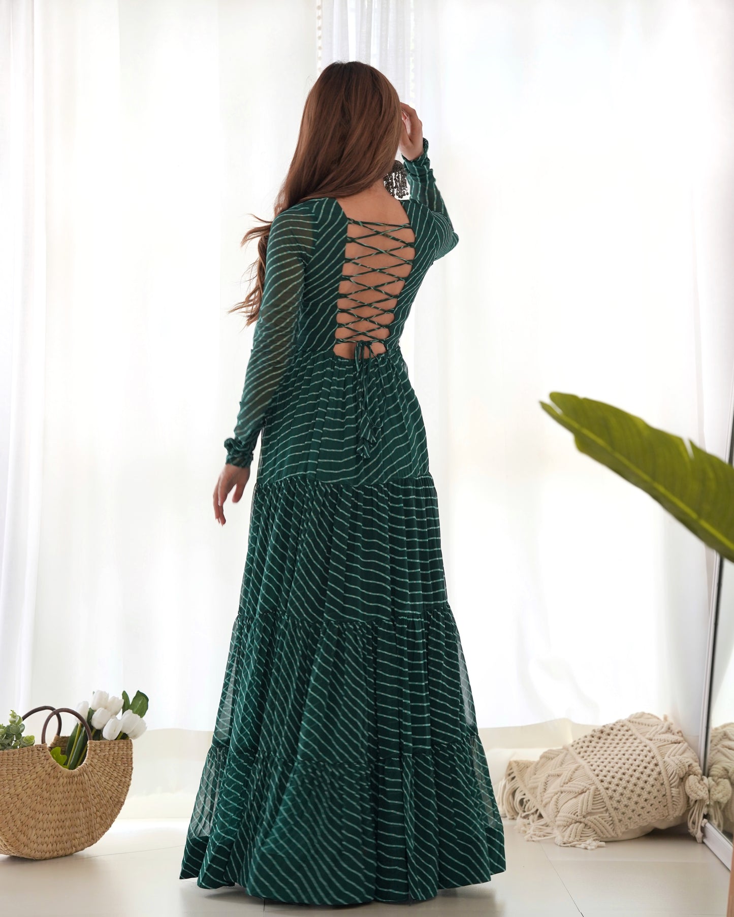 Georgette Embroidered Work Bottle Green Readymade Floor Length Gown By Stylish Ethnic