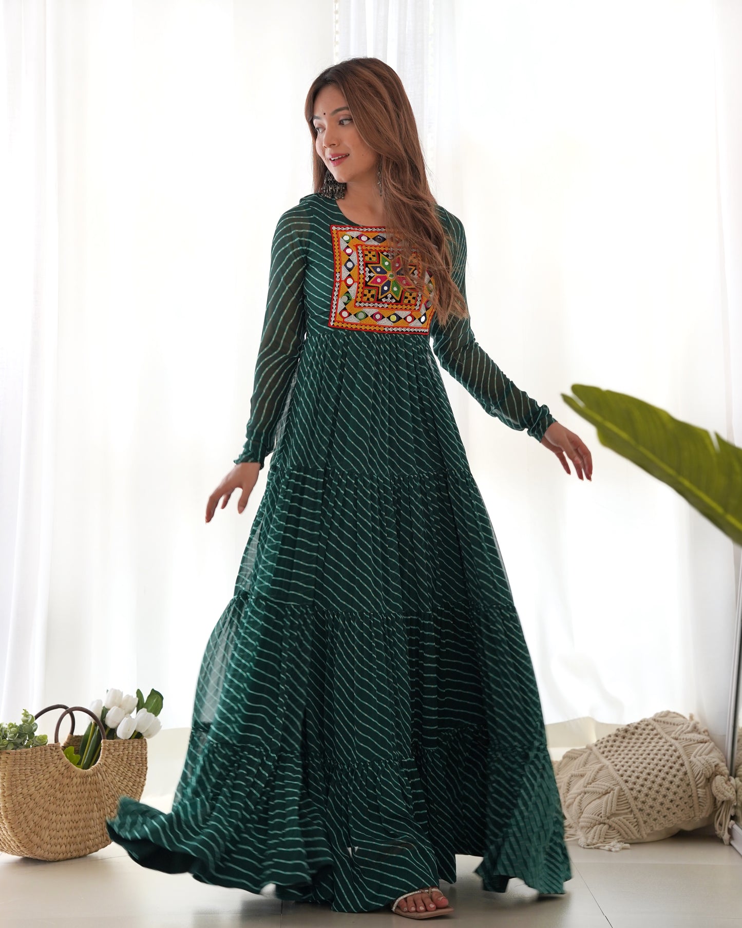 Georgette Embroidered Work Bottle Green Readymade Floor Length Gown By Stylish Ethnic