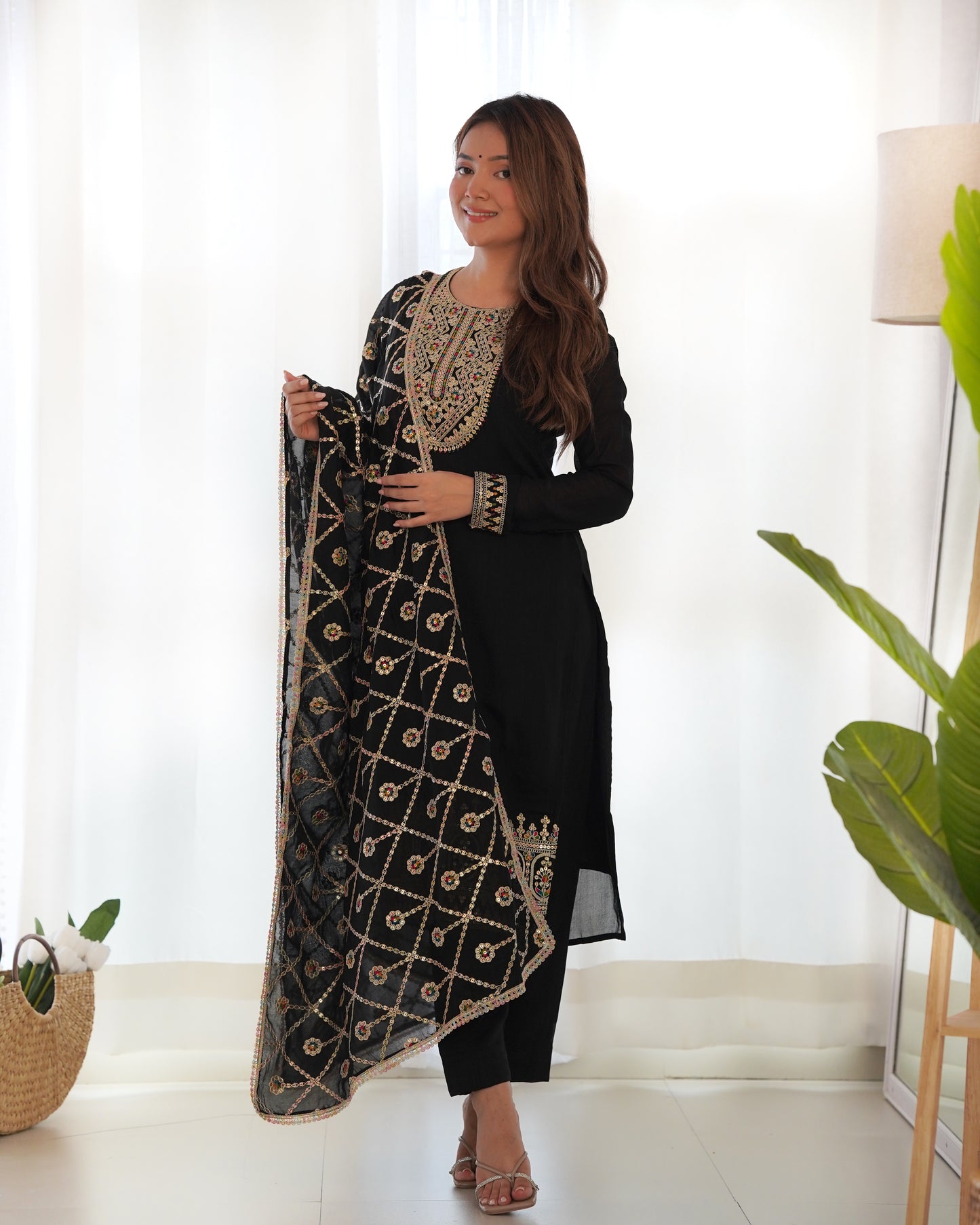 Pure Blooming Vichitra Silk Fabric Straight Fit Kurta Set With Duppta