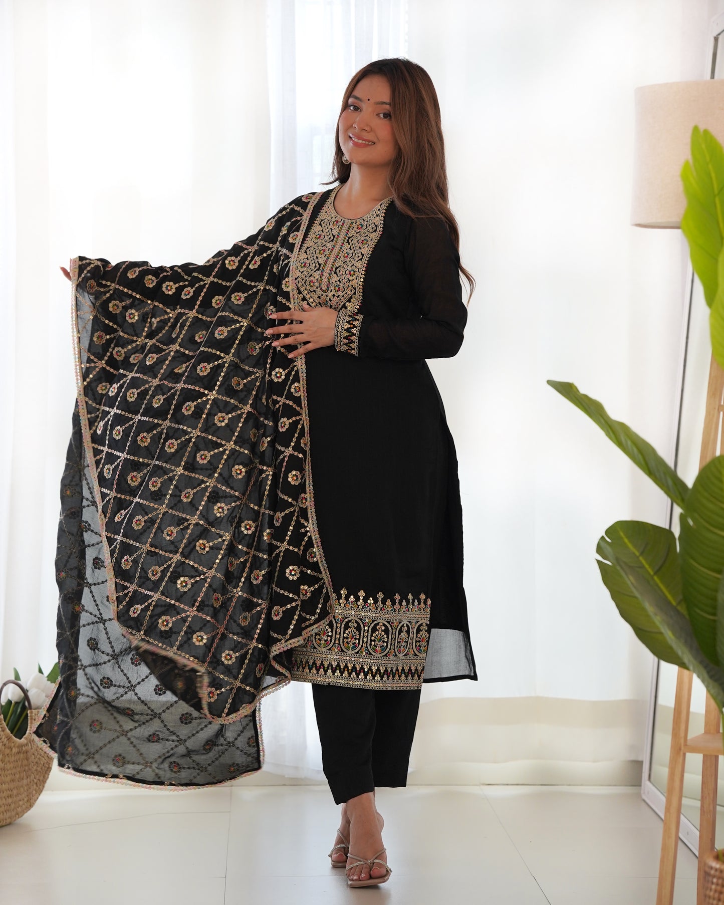 Pure Blooming Vichitra Silk Fabric Straight Fit Kurta Set With Duppta