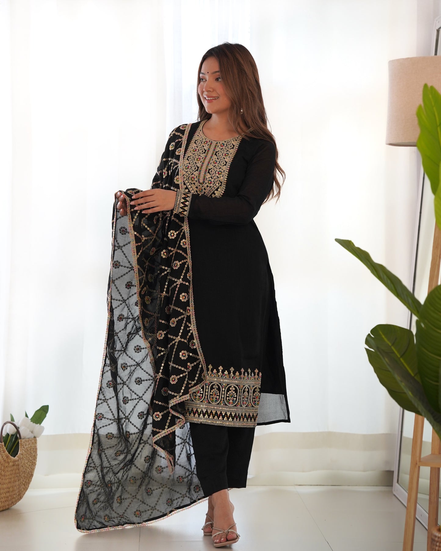 Pure Blooming Vichitra Silk Fabric Straight Fit Kurta Set With Duppta