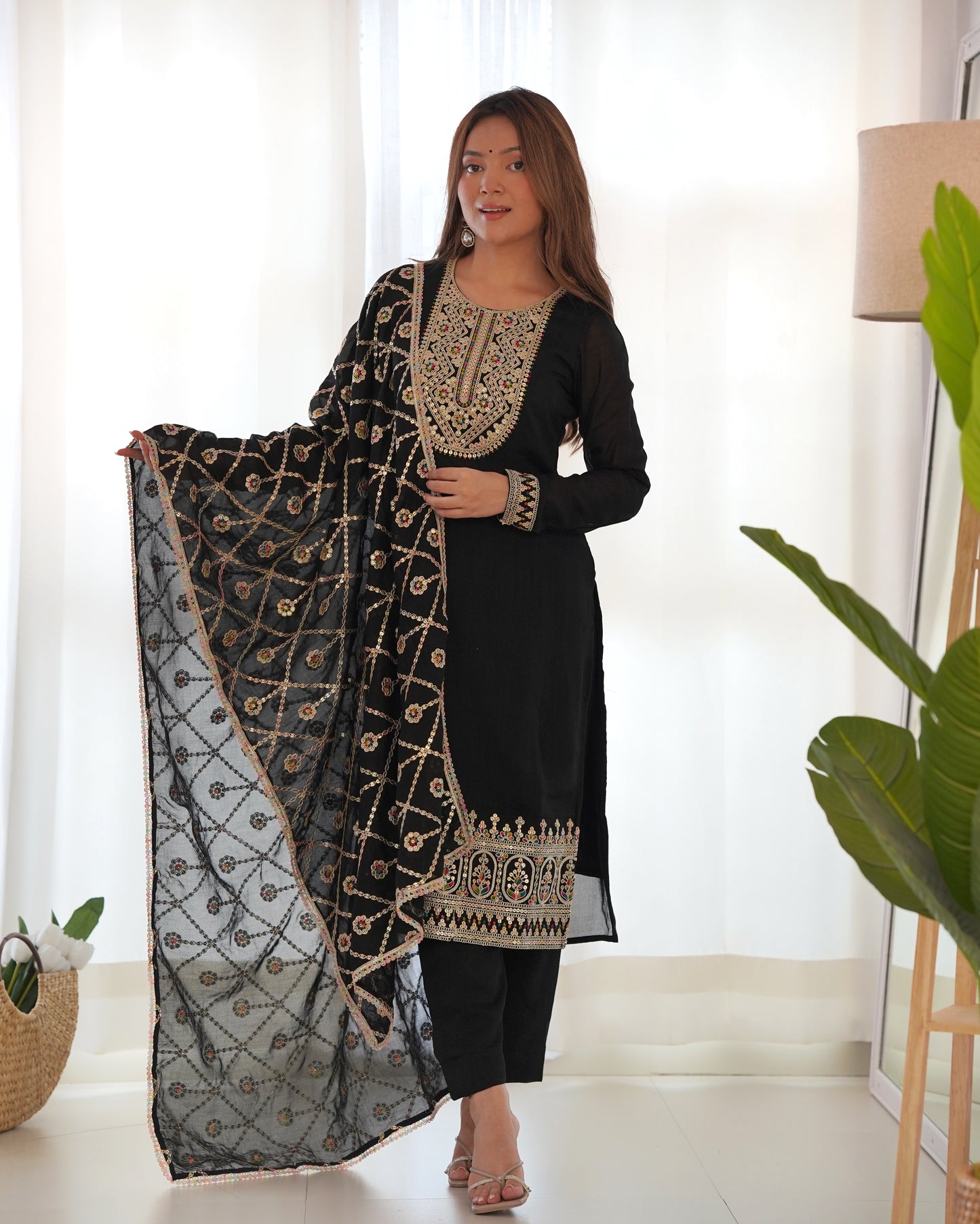 Pure Blooming Vichitra Silk Fabric Straight Fit Kurta Set With Duppta