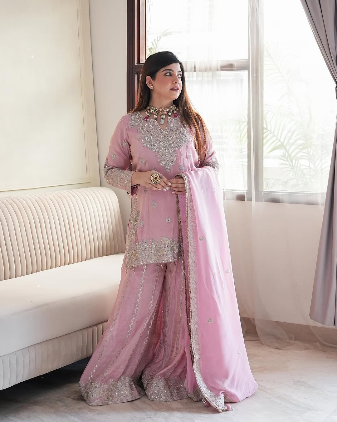 Heavy Chinon Silk With Heavy Embroidery Sequence Work Kurta Sharara With Dupatta