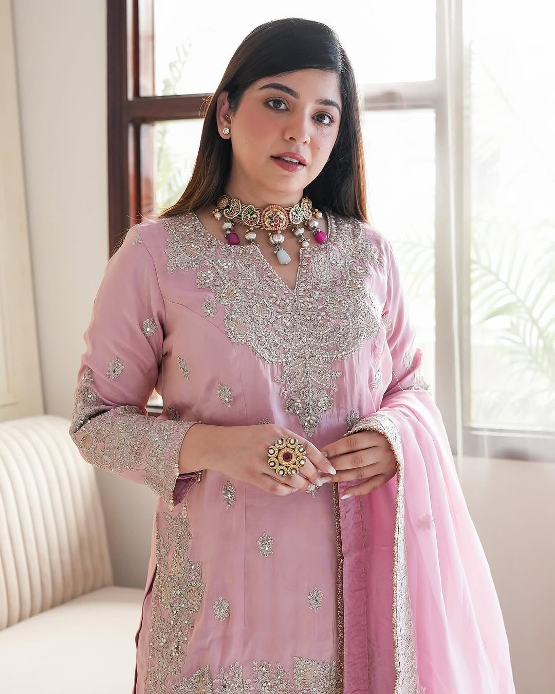 Heavy Chinon Silk With Heavy Embroidery Sequence Work Kurta Sharara With Dupatta