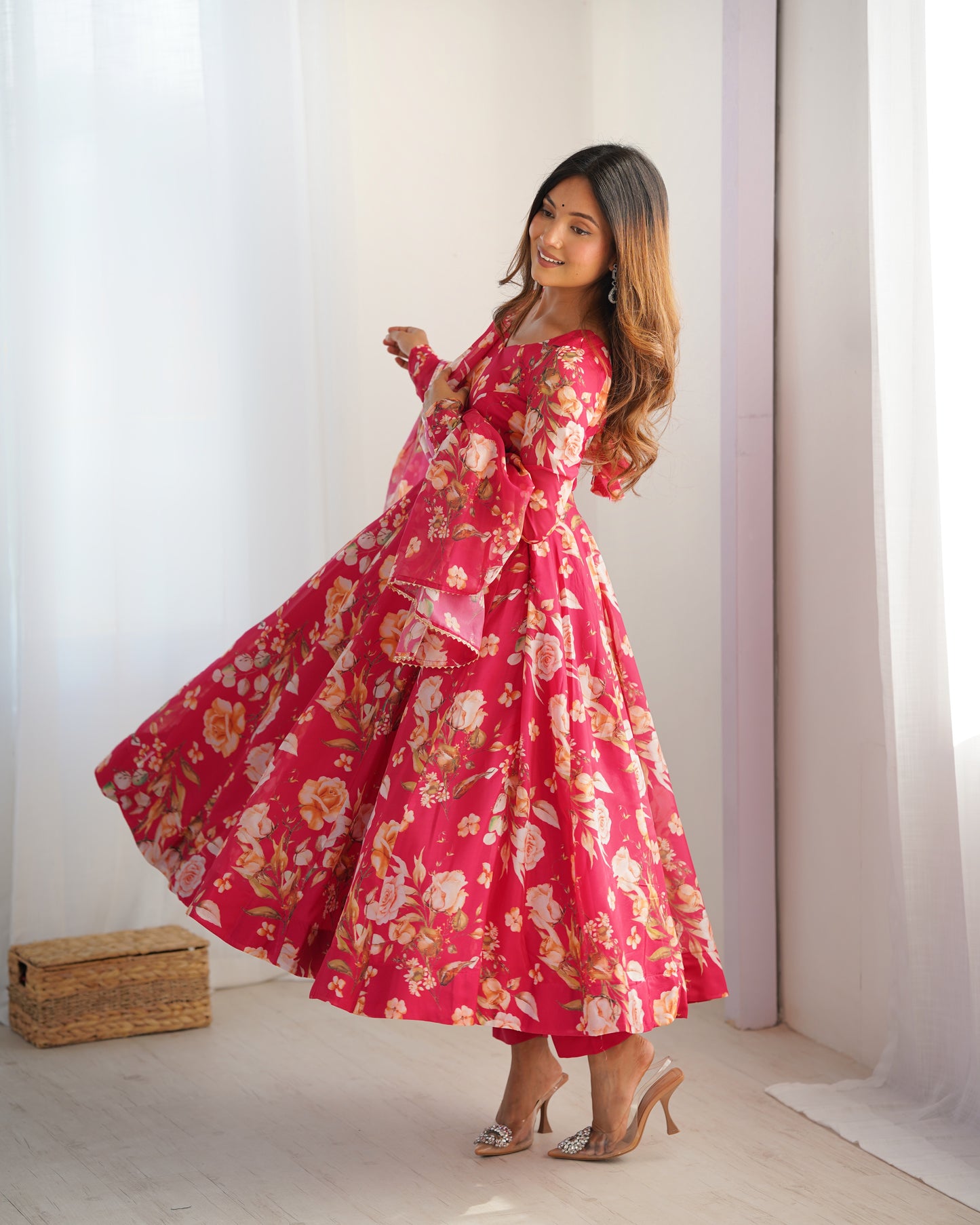 Pink Pure Organza Silk Printed Anarkali Set with Dupatta & Pant